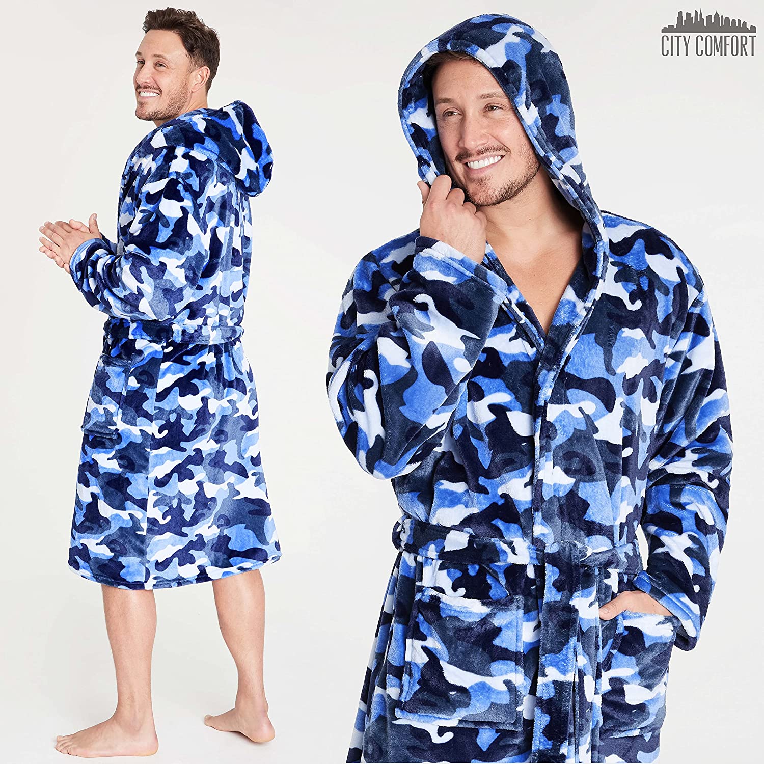 CityComfort Dressing Gown for Men, Mens Dressing Gowns with Blue Camouflage Print - Image 3