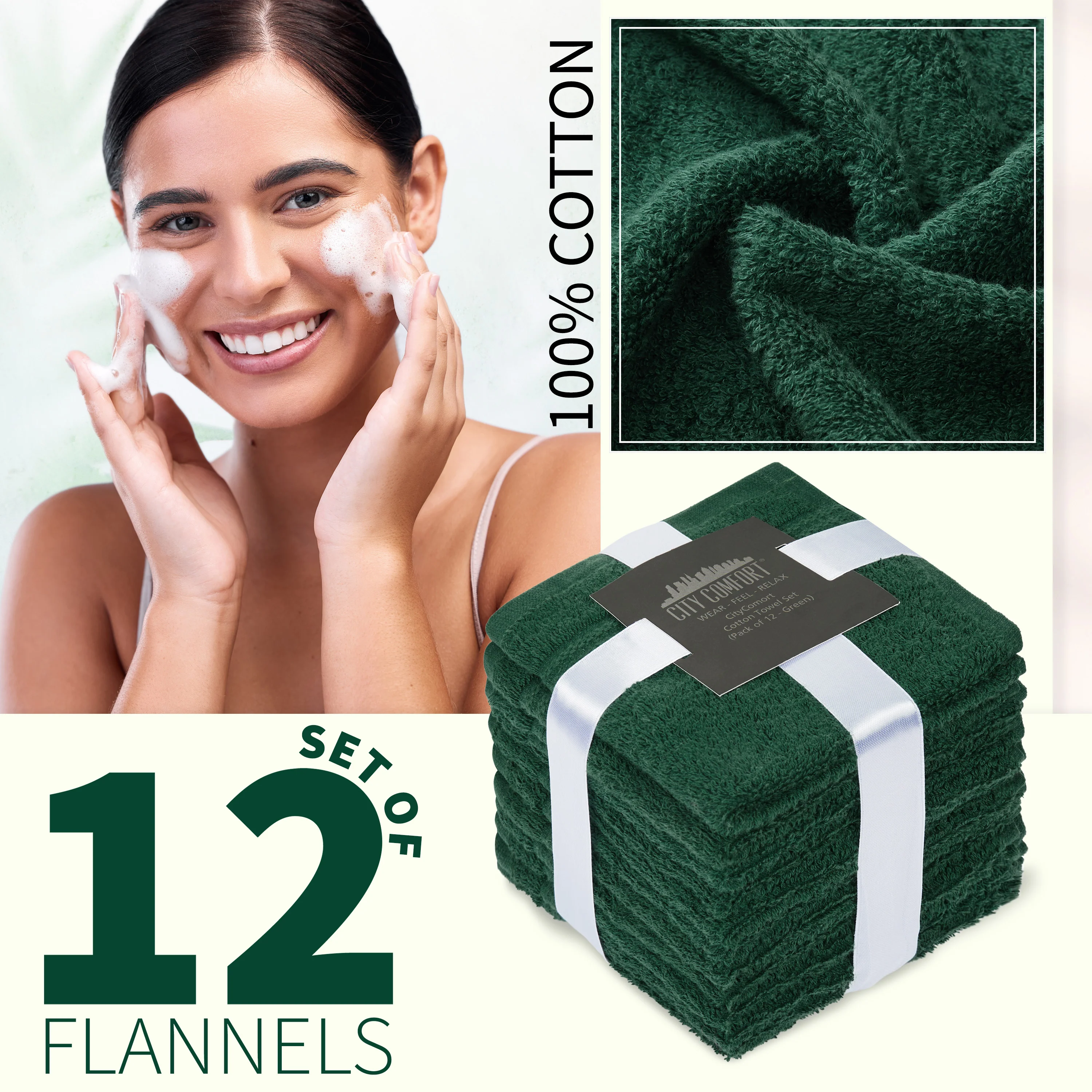 CityComfort Flannels Pack of 12 Face Towels 100% Cotton 550 GSM 30x30cm Highly Absorbent Soft Wash Cloth Household Essentials - Image 14