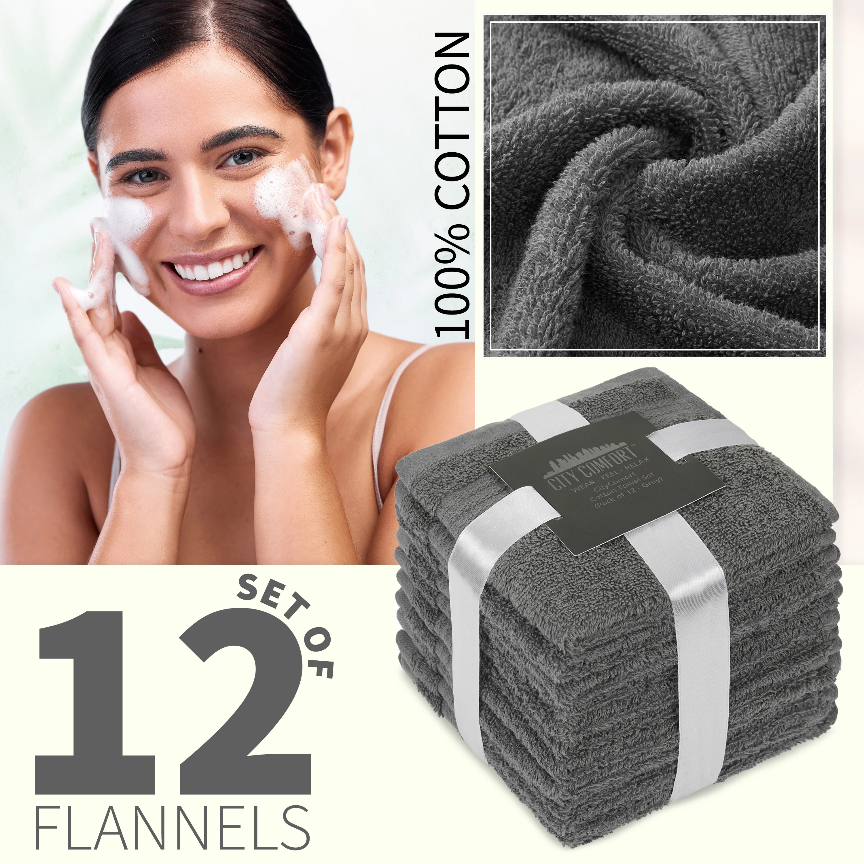 CityComfort Flannels Pack of 12 Face Towels 100% Cotton 550 GSM 30x30cm Highly Absorbent Soft Wash Cloth Household Essentials - Image 21
