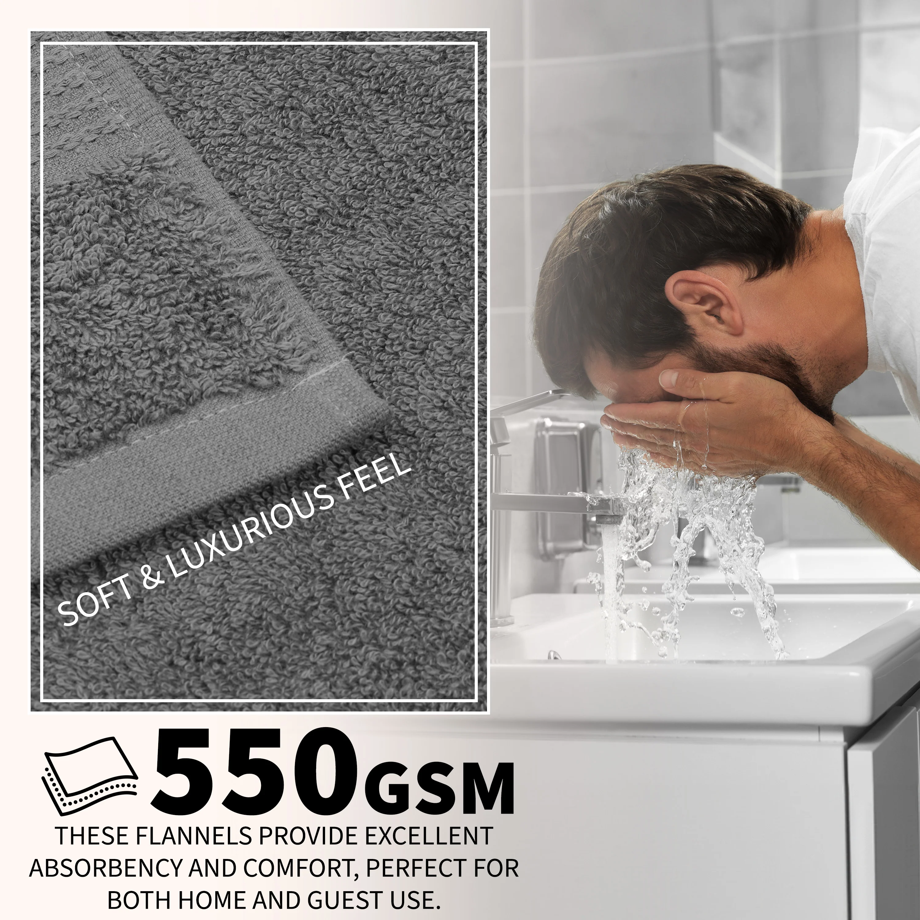 CityComfort Flannels Pack of 12 Face Towels 100% Cotton 550 GSM 30x30cm Highly Absorbent Soft Wash Cloth Household Essentials - Image 22