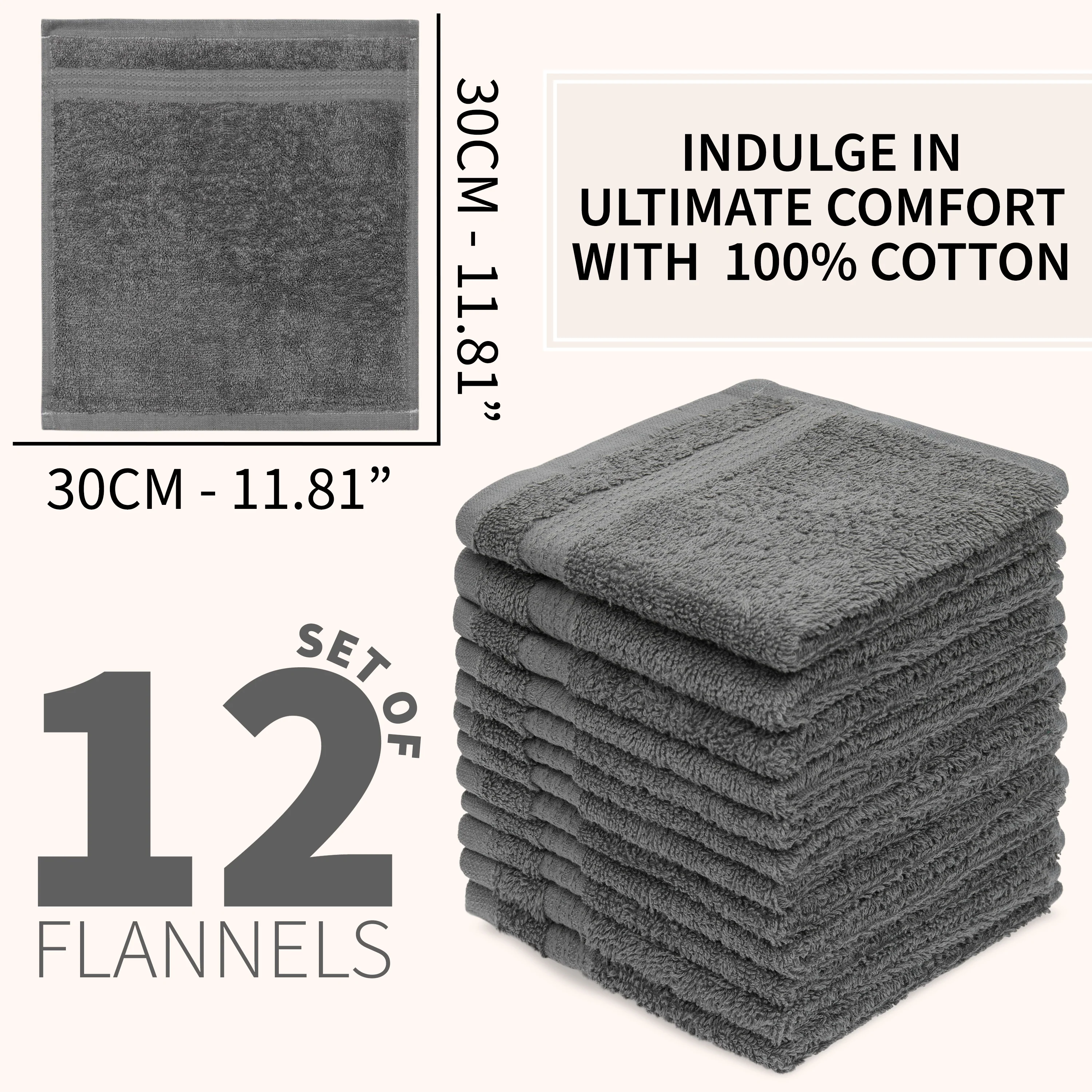 CityComfort Flannels Pack of 12 Face Towels 100% Cotton 550 GSM 30x30cm Highly Absorbent Soft Wash Cloth Household Essentials - Image 24