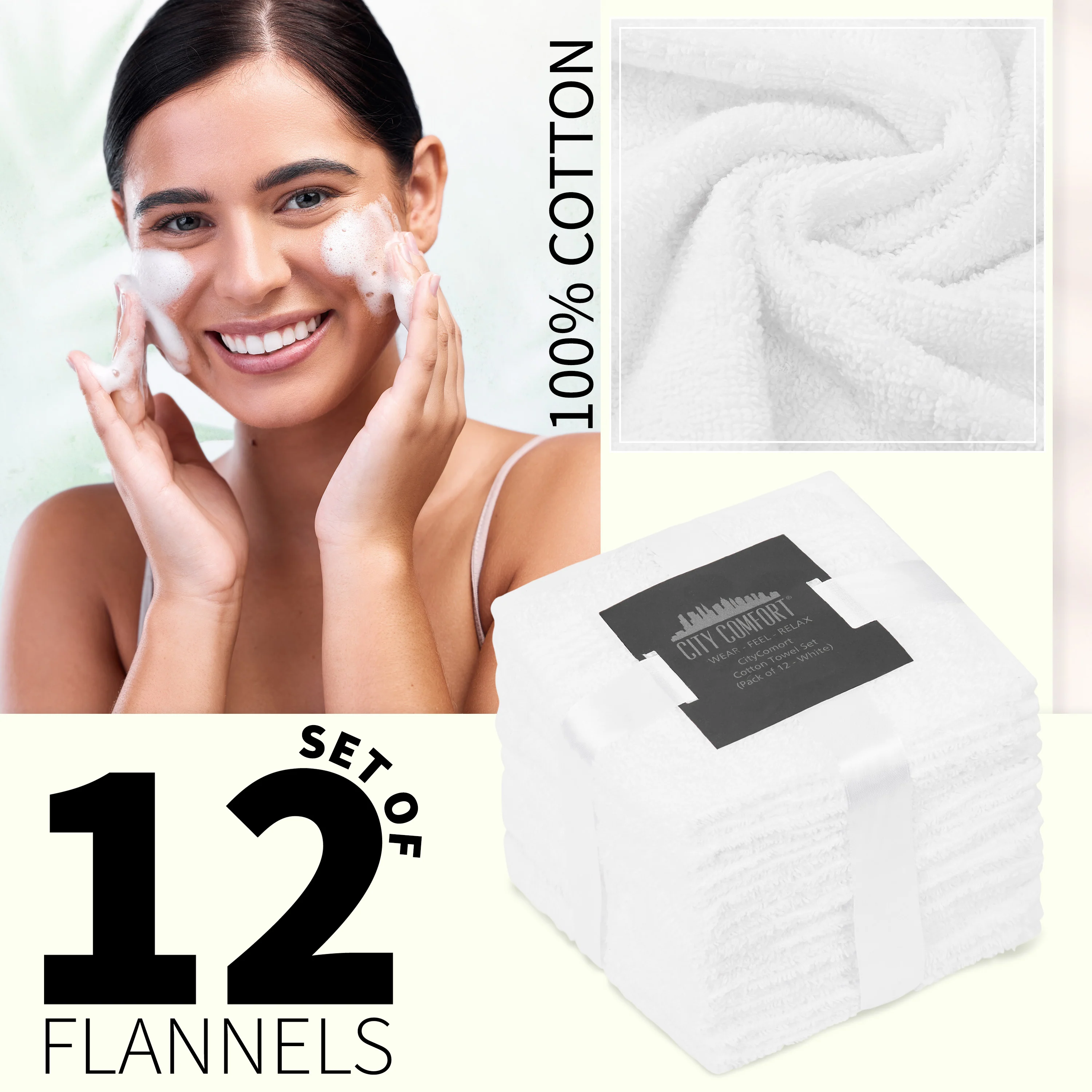 CityComfort Flannels Pack of 12 Face Towels 100% Cotton 550 GSM 30x30cm Highly Absorbent Soft Wash Cloth Household Essentials - Image 27