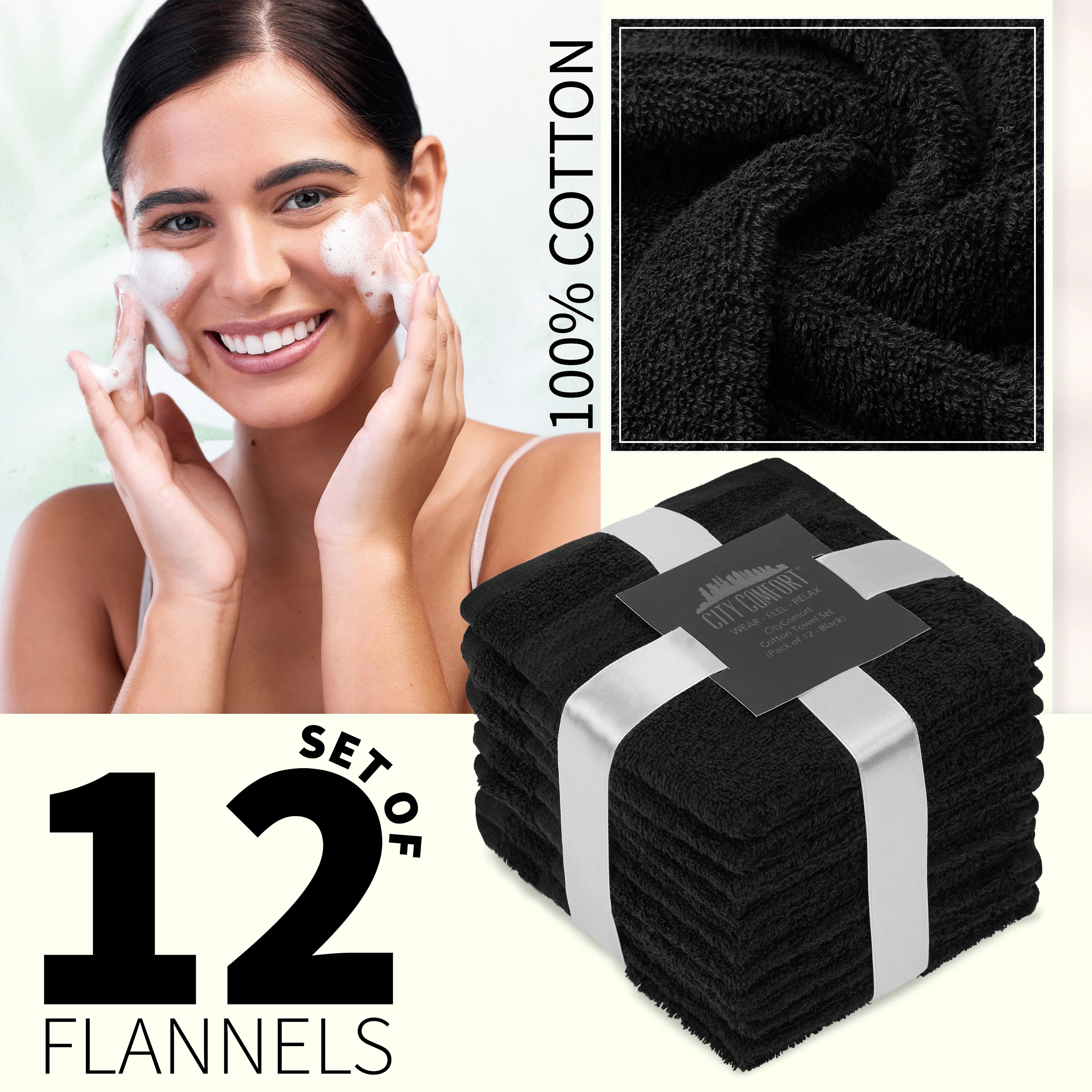 CityComfort Flannels Pack of 12 Face Towels 100% Cotton 550 GSM 30x30cm Highly Absorbent Soft Wash Cloth Household Essentials - Image 3