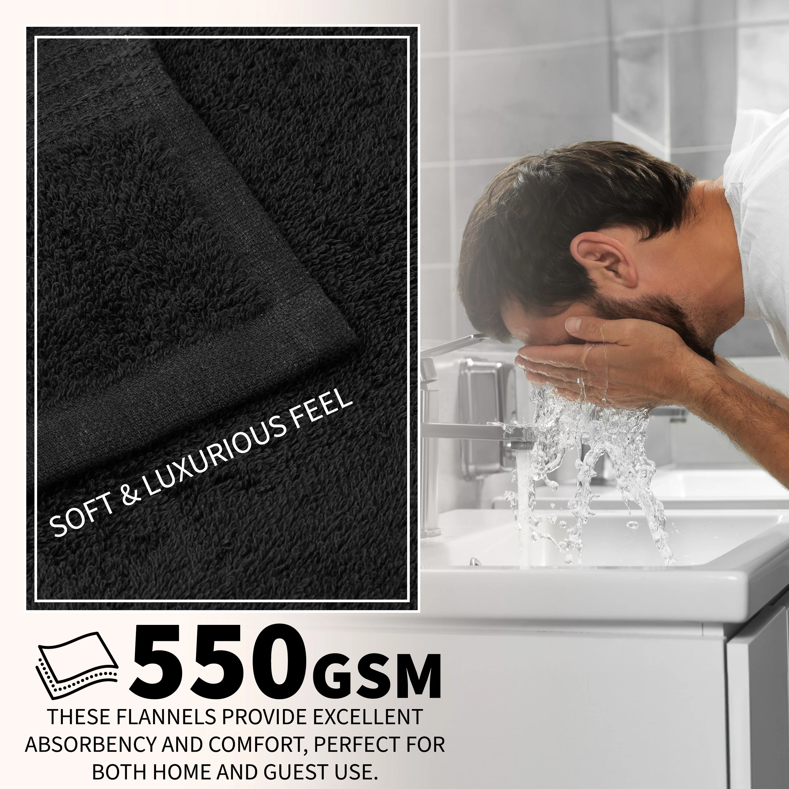 CityComfort Flannels Pack of 12 Face Towels 100% Cotton 550 GSM 30x30cm Highly Absorbent Soft Wash Cloth Household Essentials - Image 4