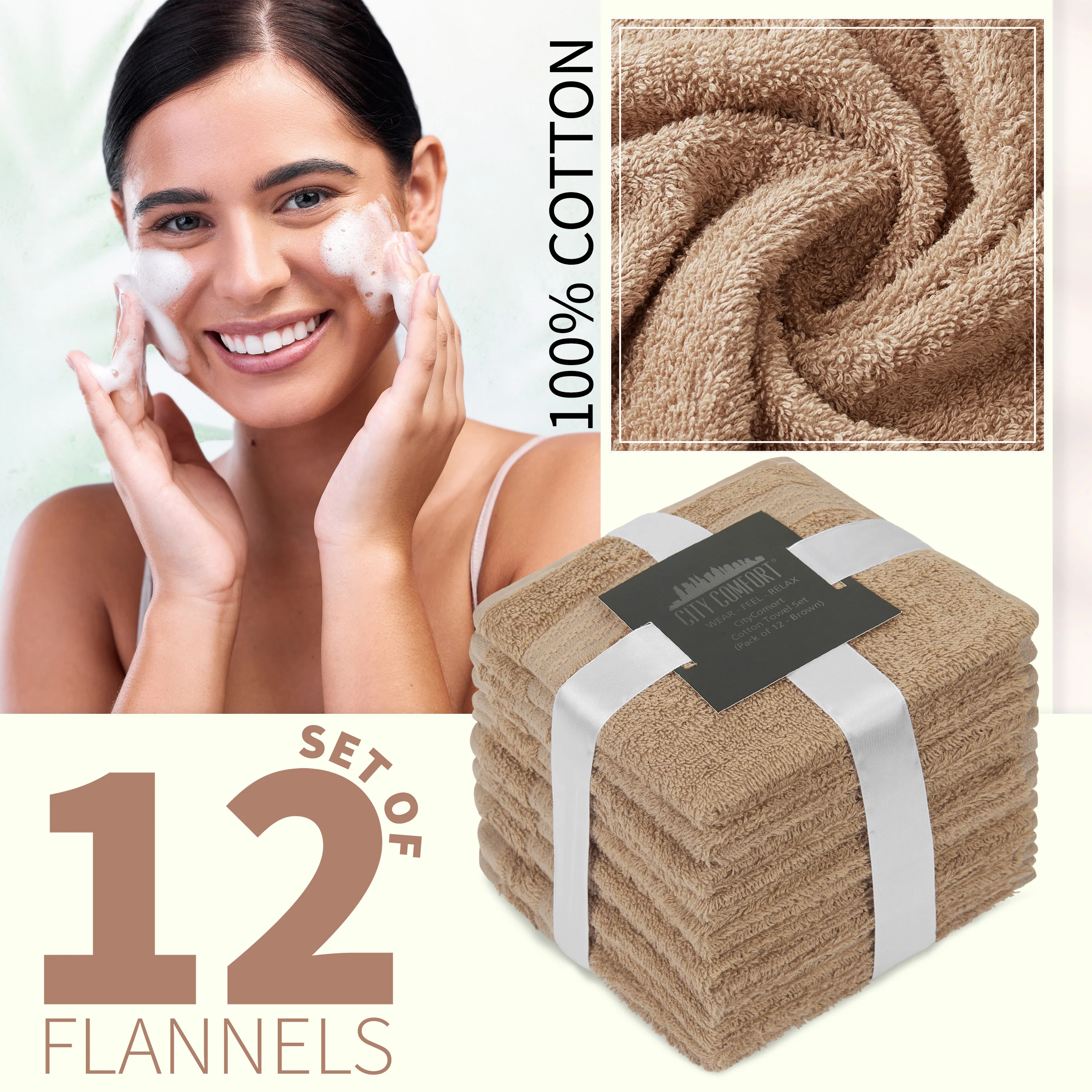 CityComfort Flannels Pack of 12 Face Towels 100% Cotton 550 GSM 30x30cm Highly Absorbent Soft Wash Cloth Household Essentials - Image 9