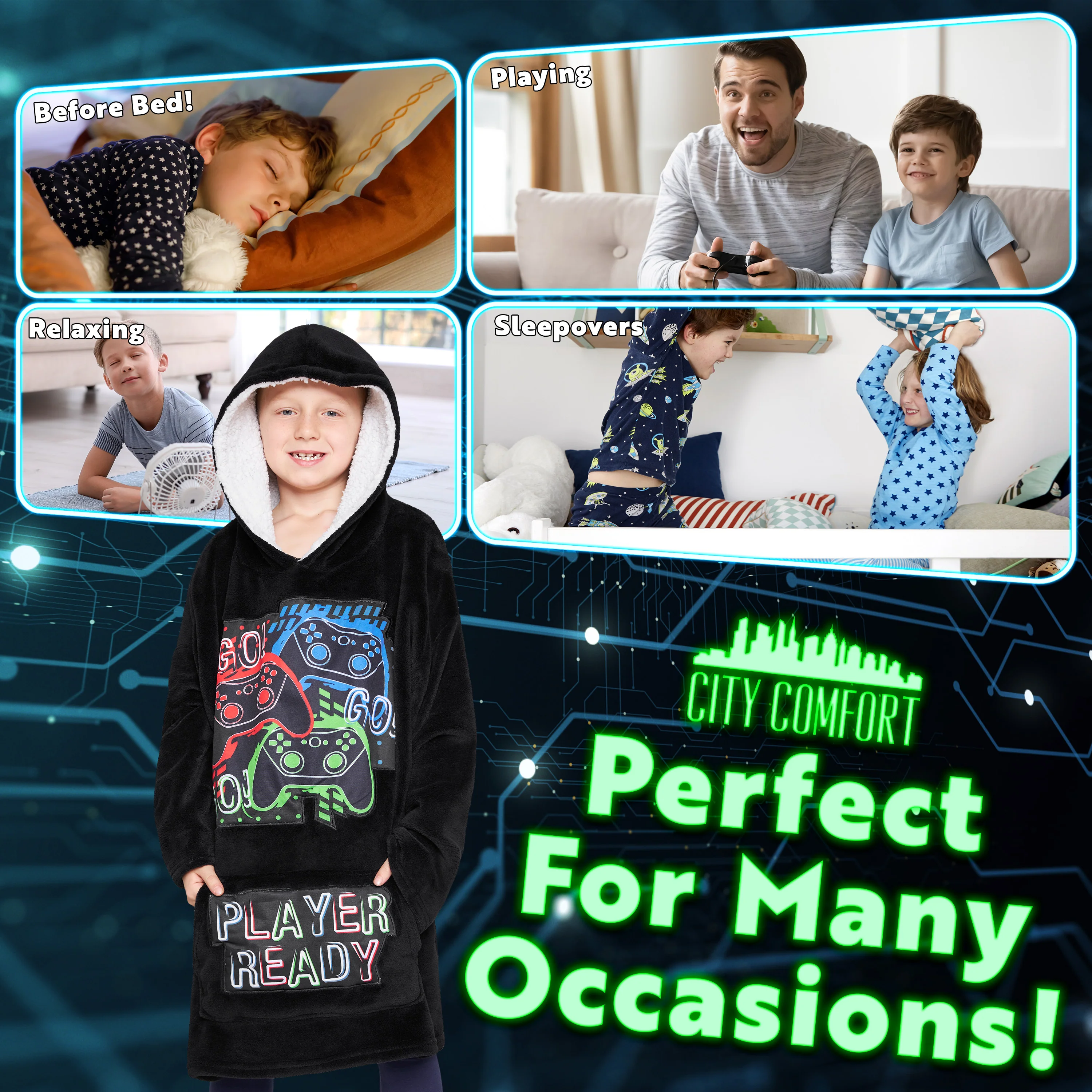 CityComfort Fleece Hoodie Blanket for Kids and Teenagers - Black/Multi - Image 4