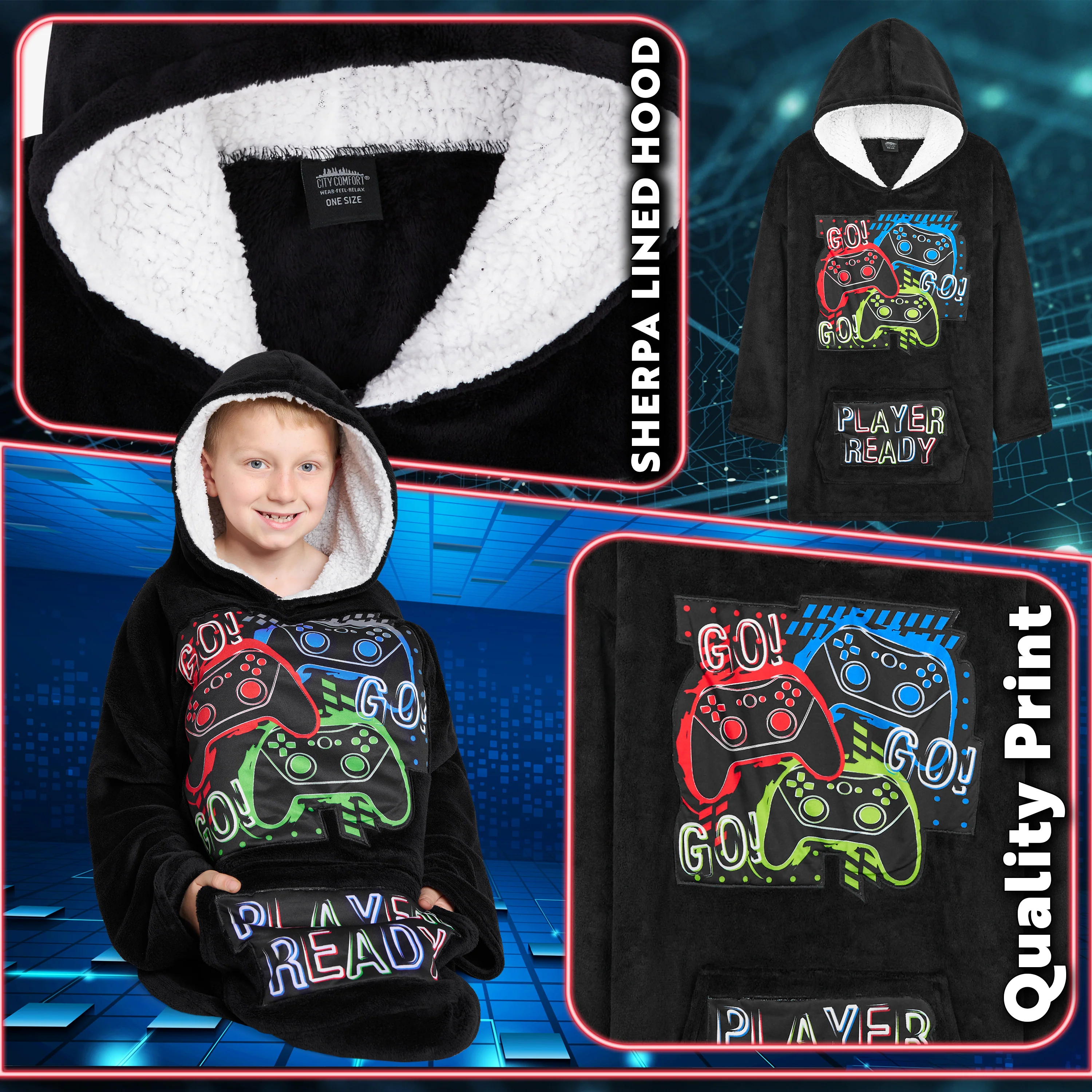 CityComfort Fleece Hoodie Blanket for Kids and Teenagers - Black/Multi - Image 5