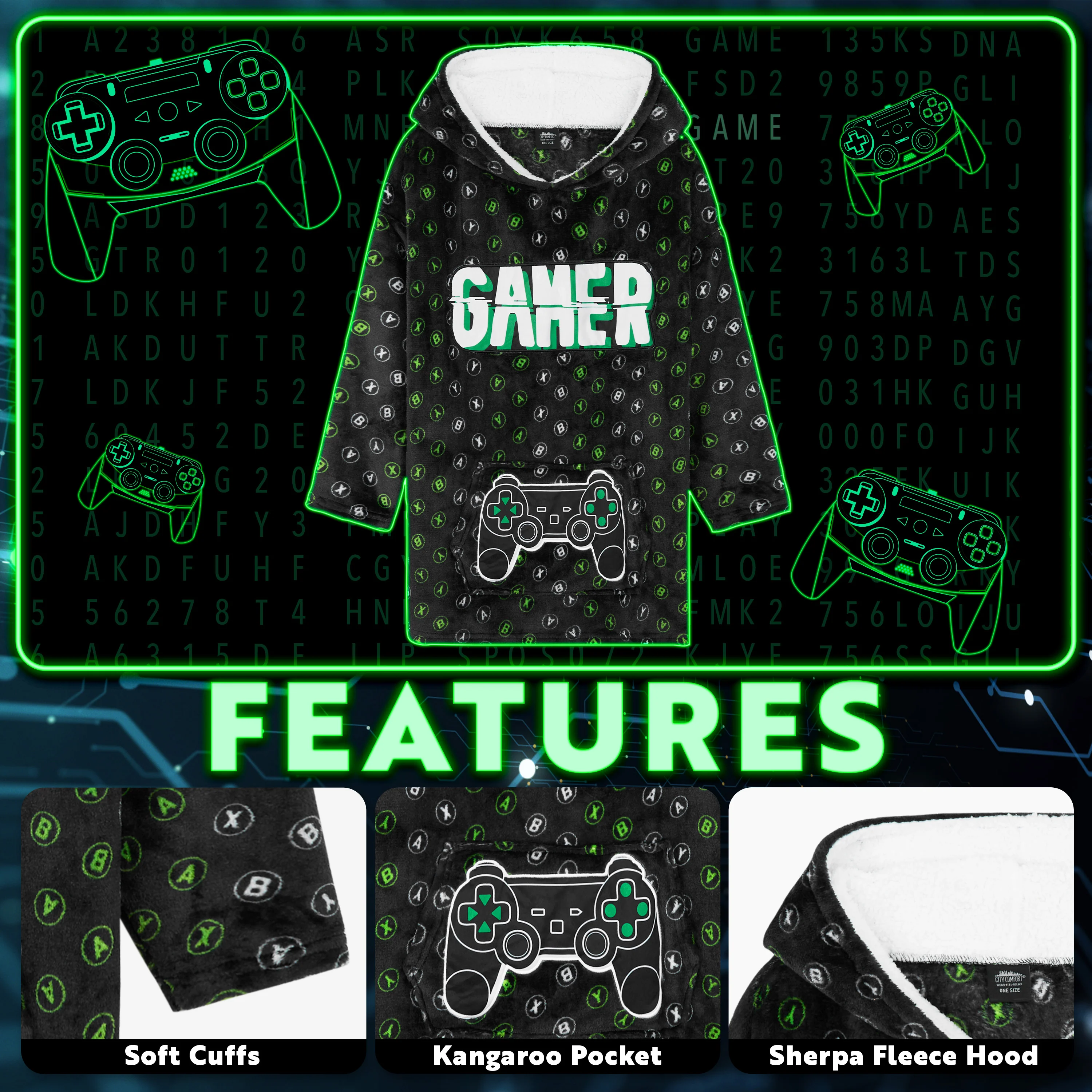 CityComfort Fleece Hoodie Blanket for Kids and Teenagers - Green/Black - Image 3