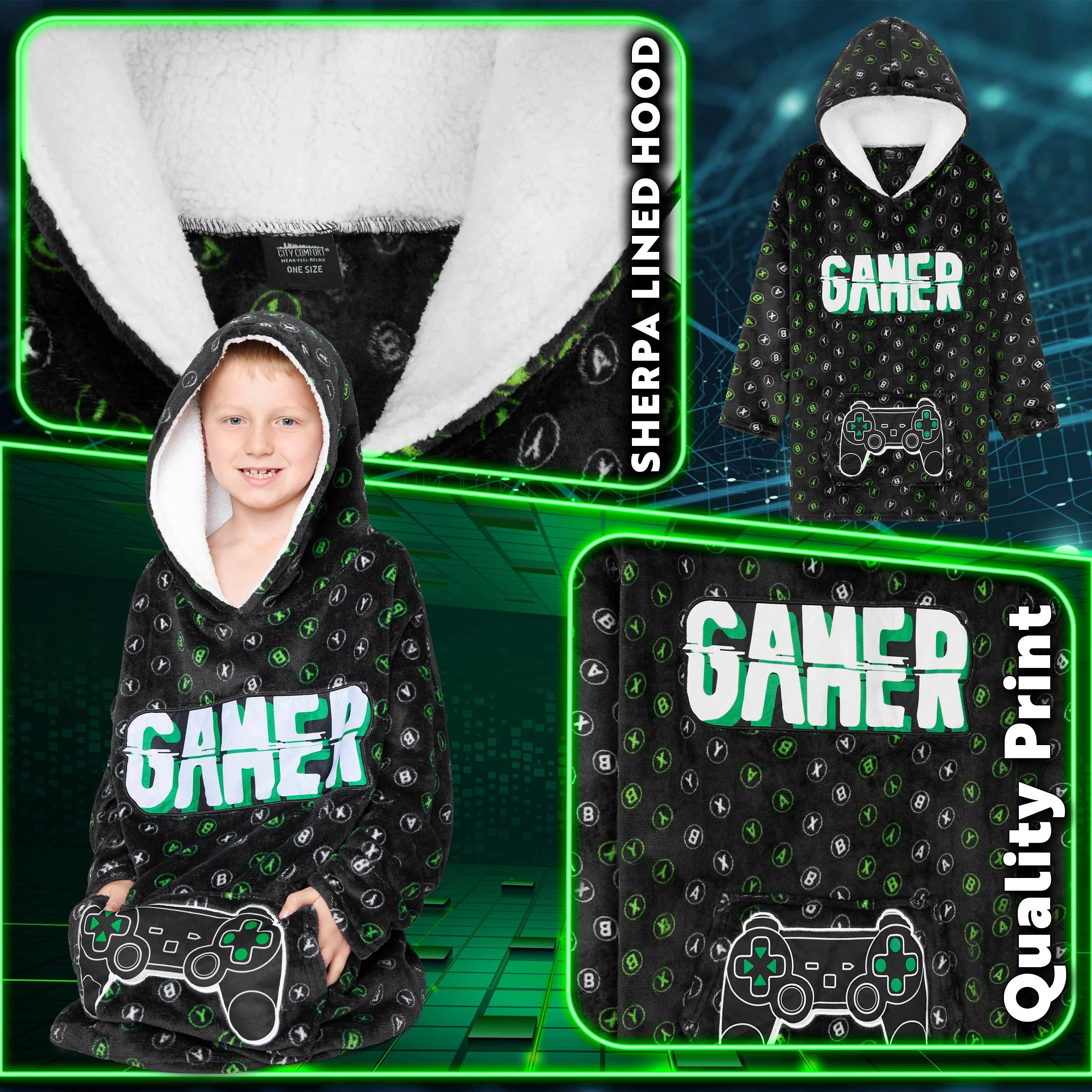 CityComfort Fleece Hoodie Blanket for Kids and Teenagers - Green/Black - Image 5