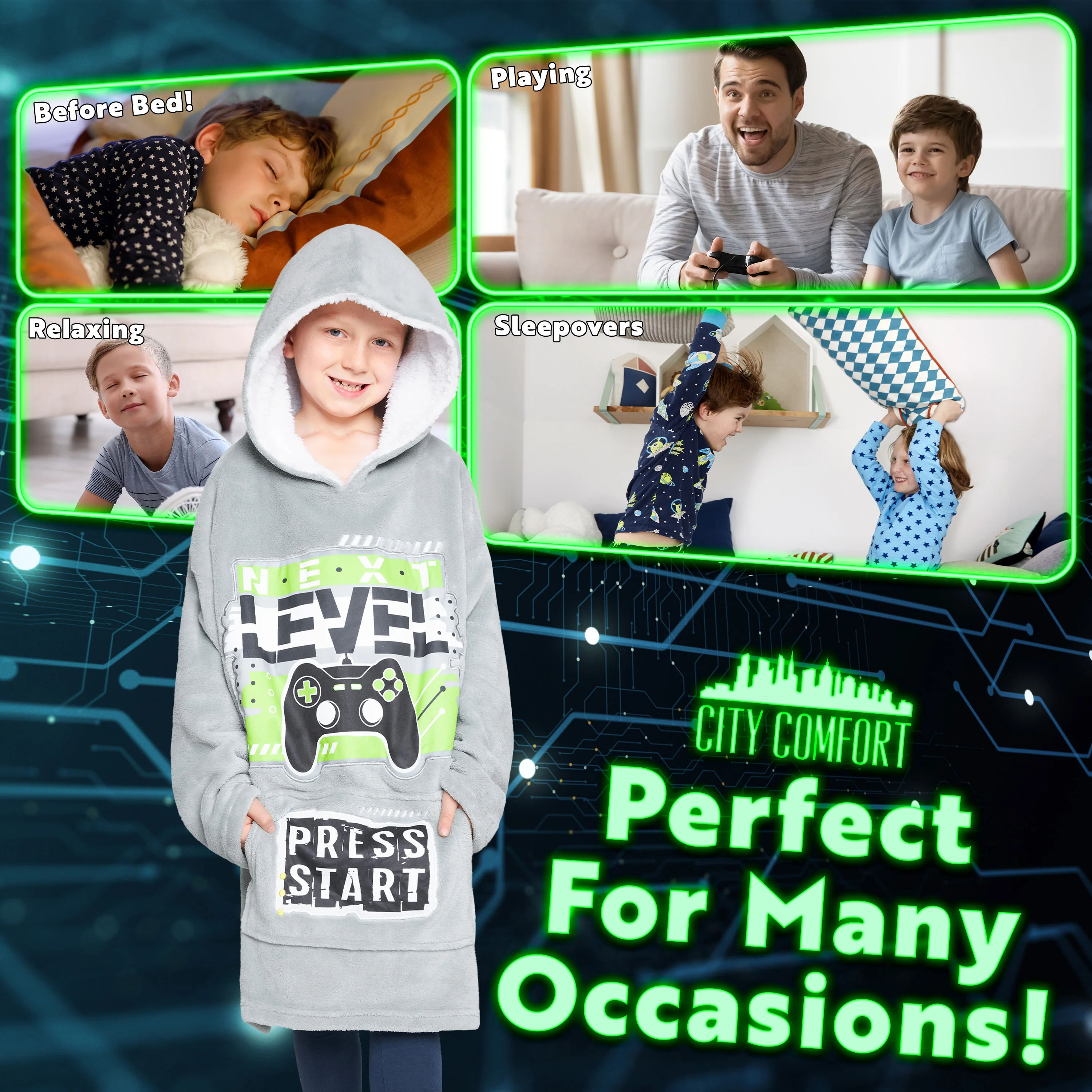 CityComfort Fleece Hoodie Blanket for Kids and Teenagers - Grey/Green - Image 4