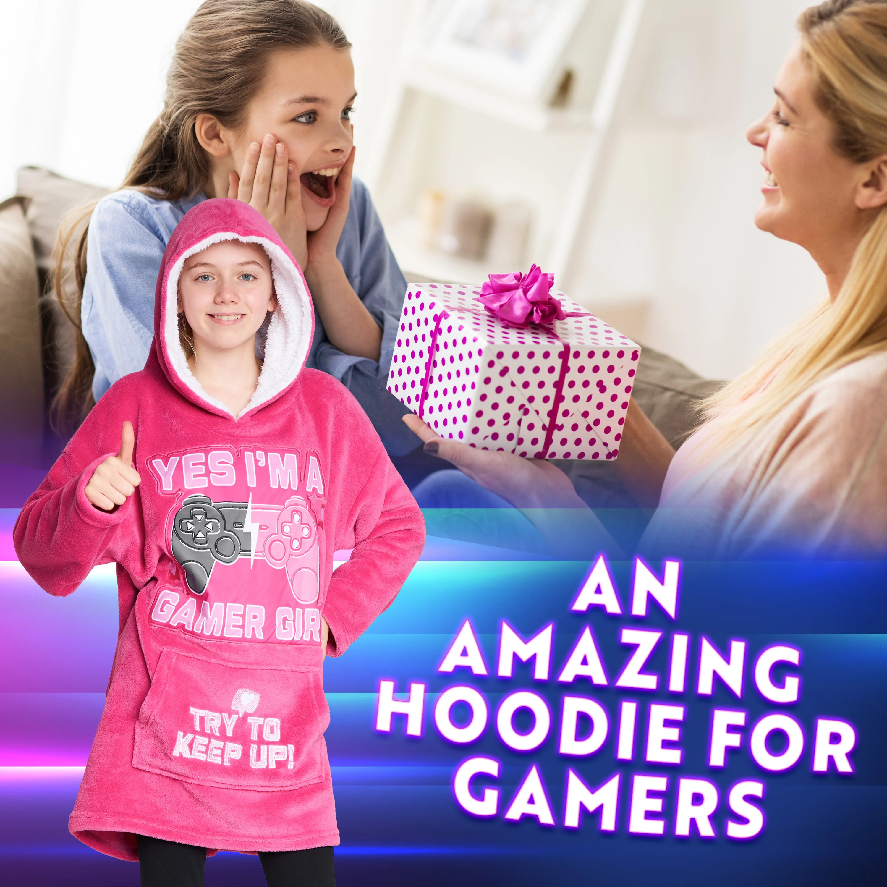 CityComfort Fleece Hoodie Blanket for Kids and Teenagers - Pink - Image 2