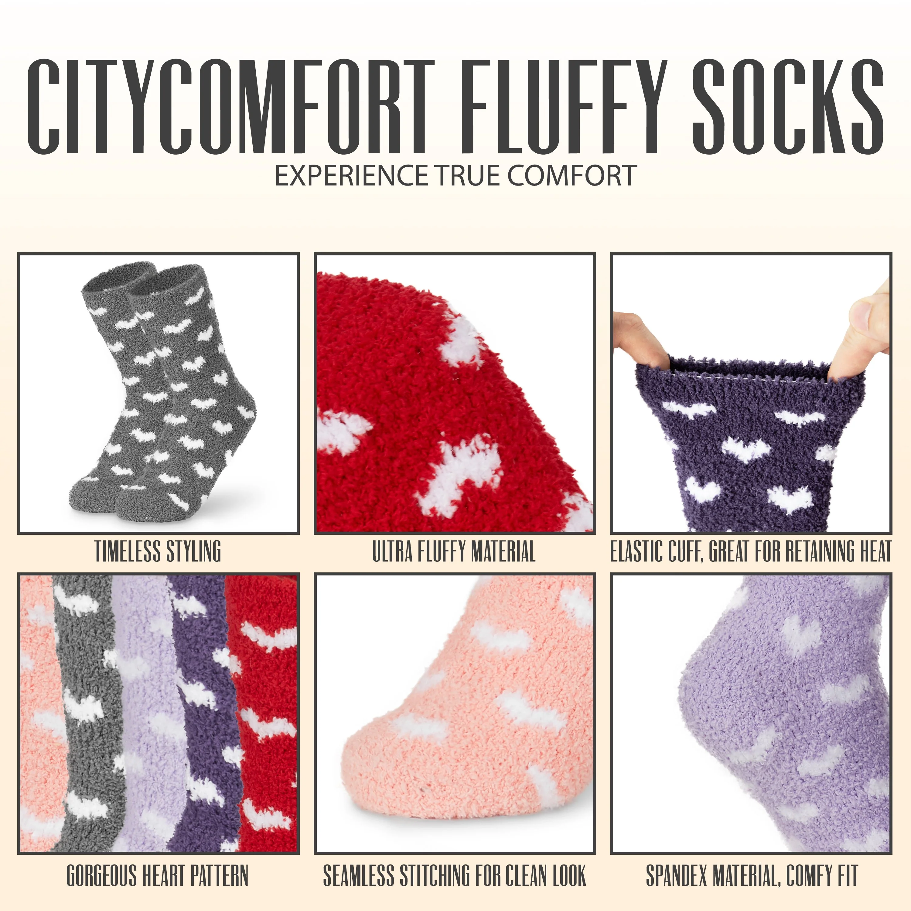 CityComfort Fluffy Socks with Hearts, Women Warm Slipper Socks 5-Pack, Winter Gifts For Her - Image 6
