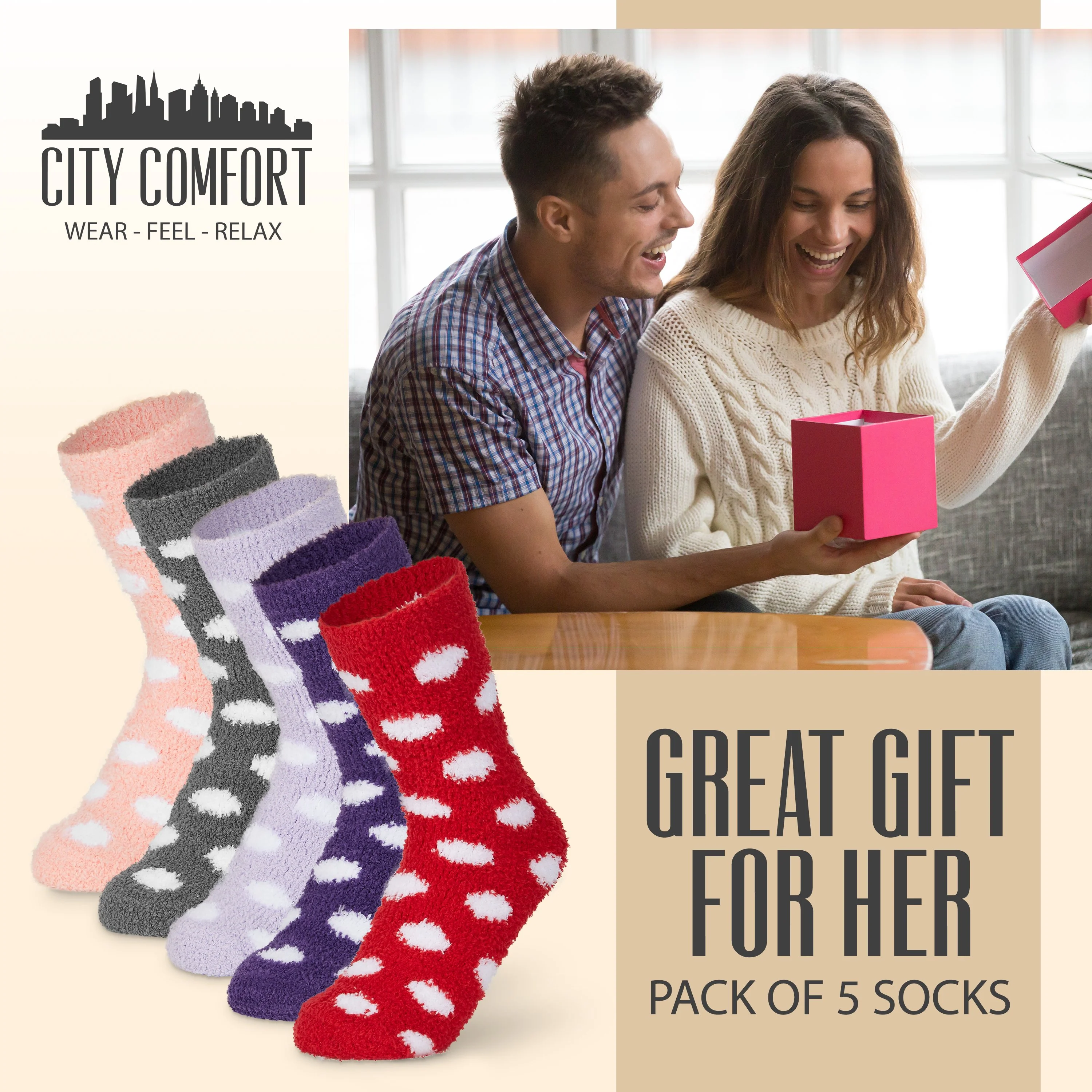 CityComfort Polka Dots Fluffy Socks, Women Warm Slipper Socks 5-Pack, Winter Gifts For Her - Image 2