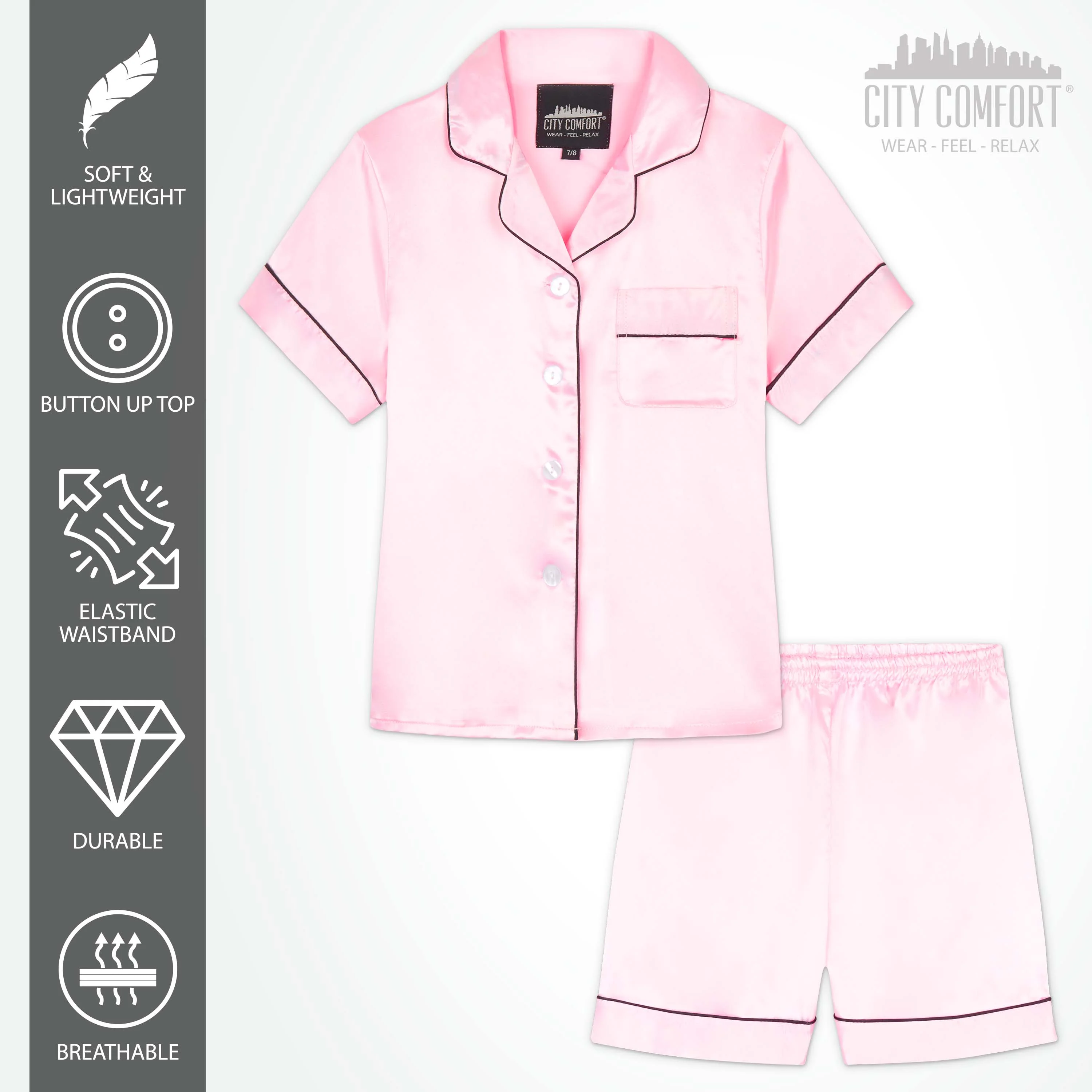 CityComfort Girls Short Pyjama Sets - Satin, Button Down 2 Piece Set - Image 11