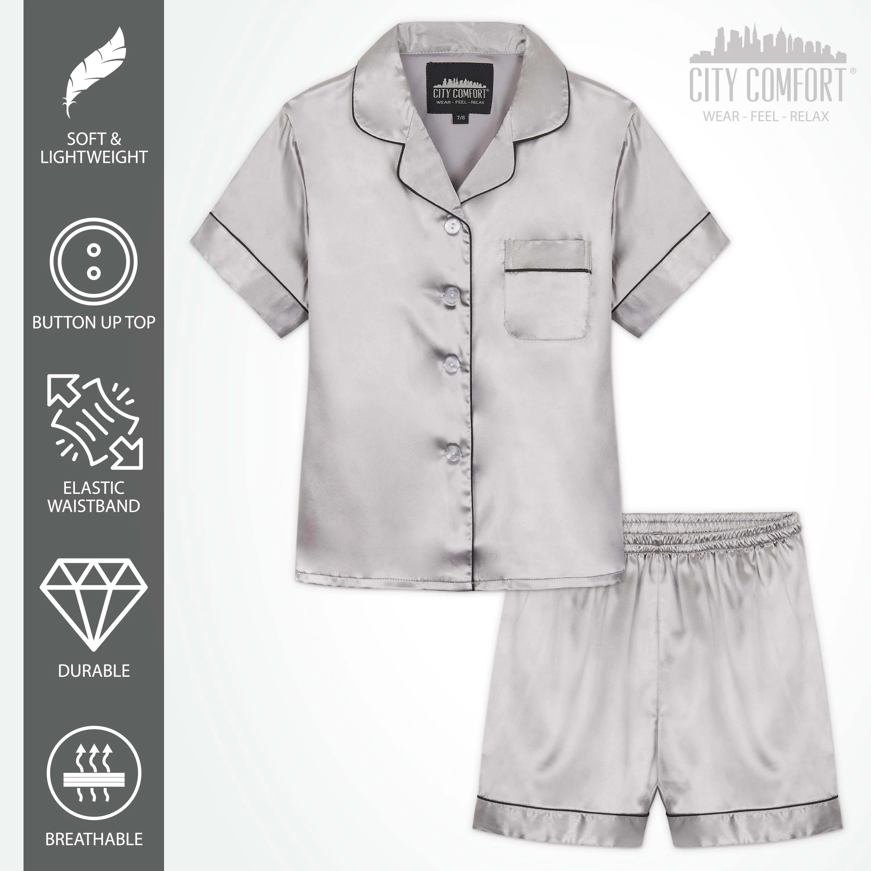 CityComfort Girls Short Pyjama Sets - Satin, Button Down 2 Piece Set - Image 25