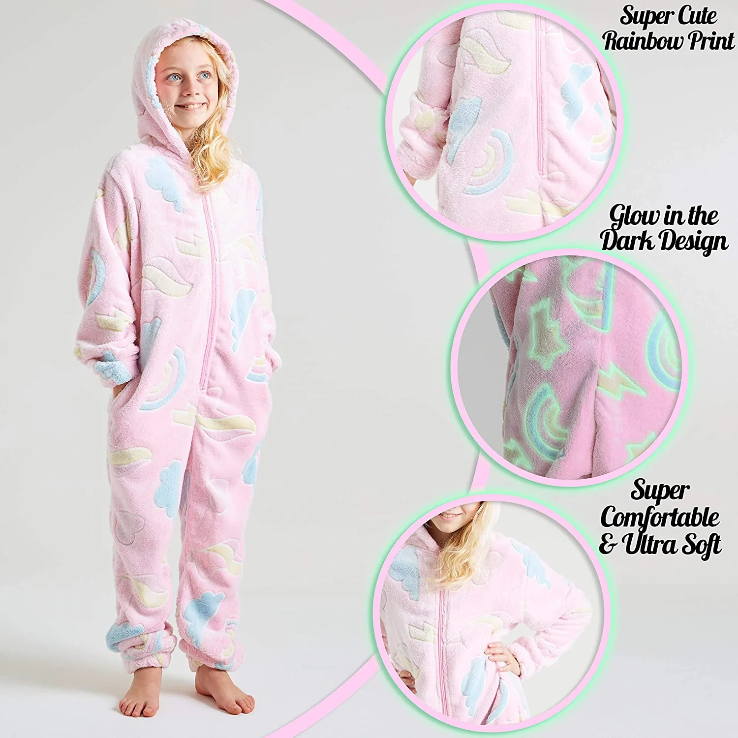 CityComfort Glow in The Dark Onesie Kids Onesies for Girls Rainbow Unicorn Pyjamas - Image 3