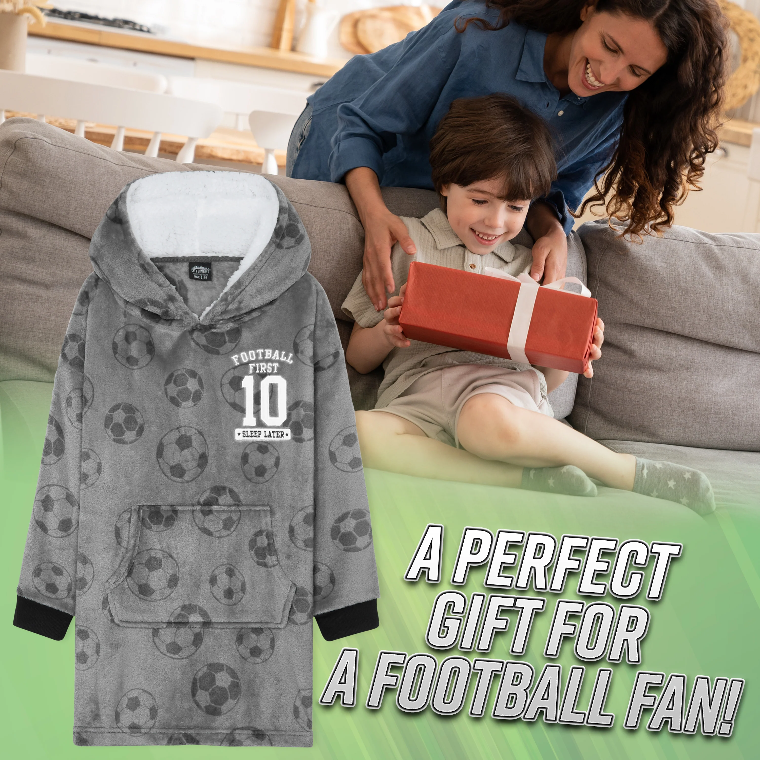 Hoodie Blanket for Kids & Teenagers Fleece Wearable Blanket Warm Gamer Football Oversized Hoodie with Sherpa Hood Loungewear Gaming Gifts - Image 2
