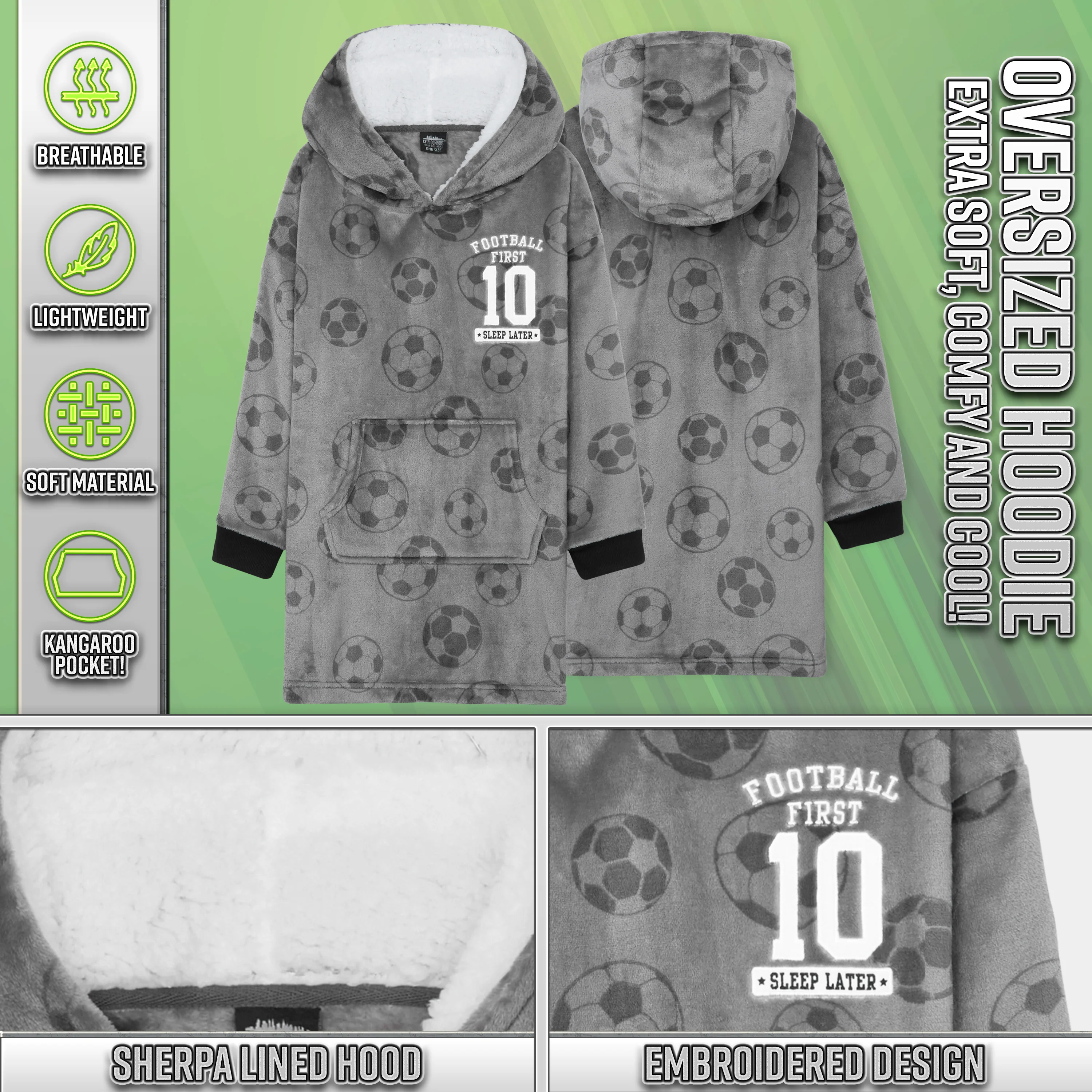 Hoodie Blanket for Kids & Teenagers Fleece Wearable Blanket Warm Gamer Football Oversized Hoodie with Sherpa Hood Loungewear Gaming Gifts - Image 4