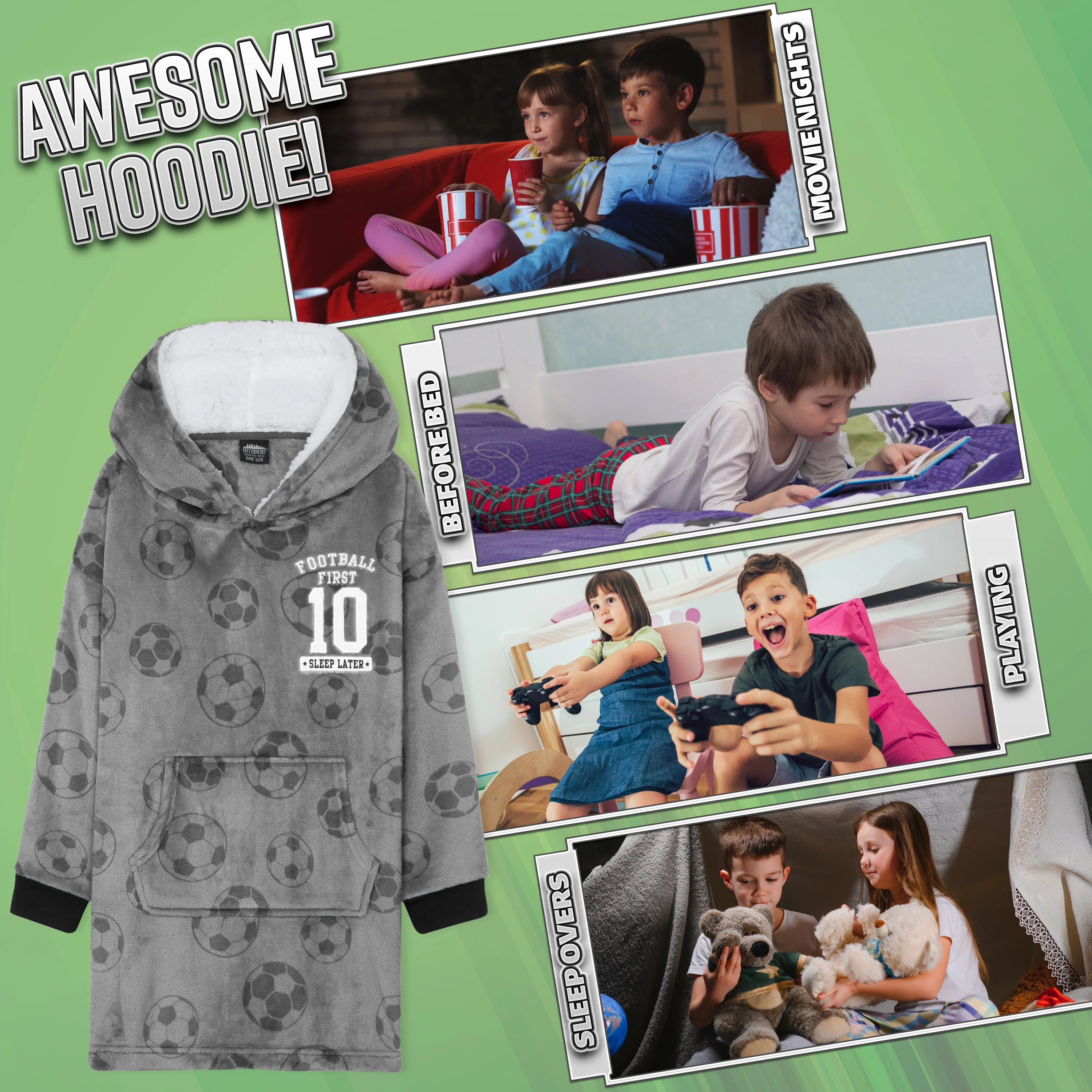 Hoodie Blanket for Kids & Teenagers Fleece Wearable Blanket Warm Gamer Football Oversized Hoodie with Sherpa Hood Loungewear Gaming Gifts - Image 5