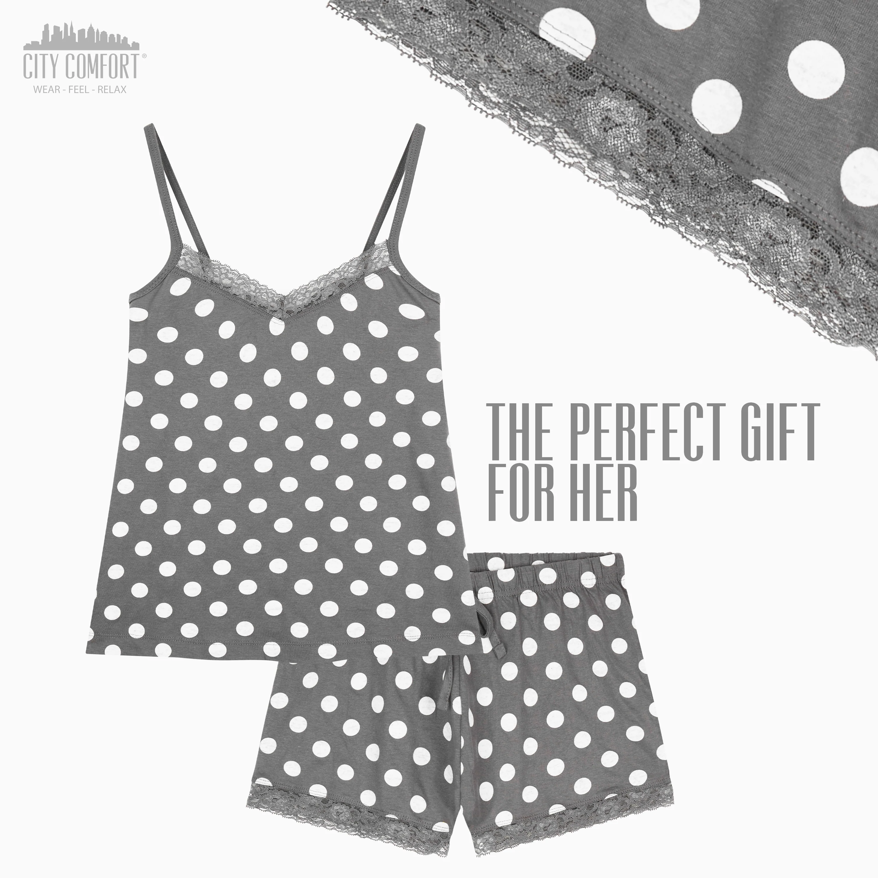 CityComfort Ladies Pyjamas, Women’s 2 Piece Nightwear, GREY SPOTS Pjs Set - Image 2