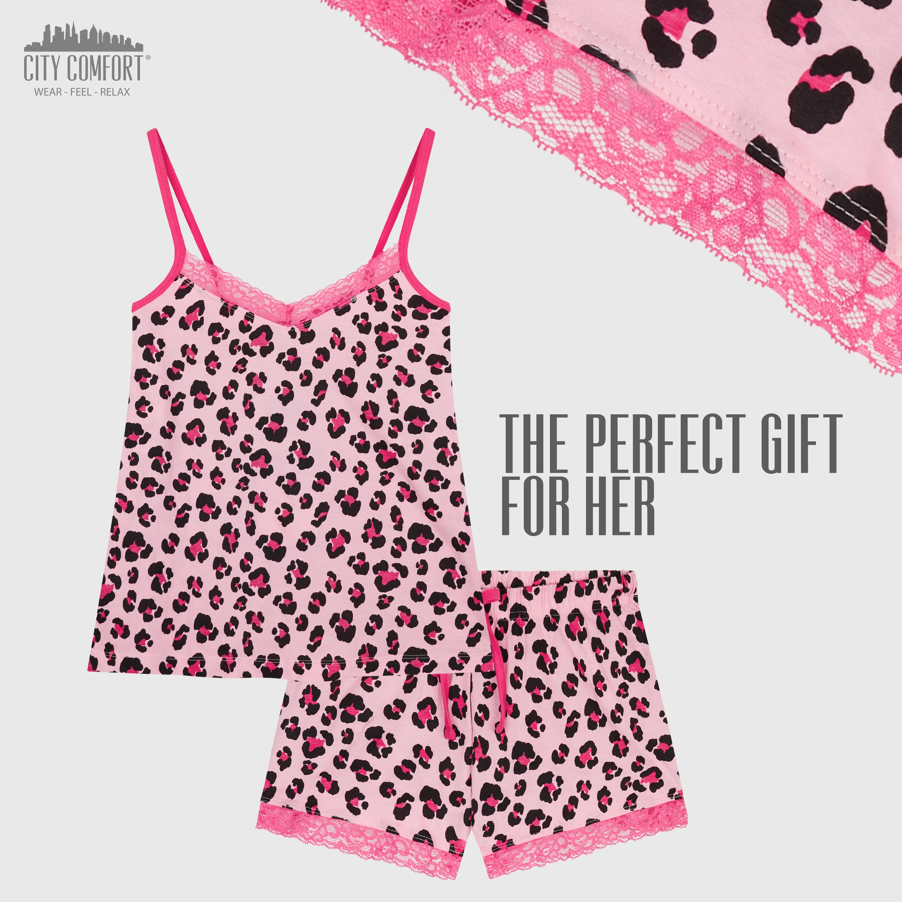 CityComfort Ladies Pyjamas, Women’s 2 Piece Nightwear, PINK LEOPARD Pjs Set - Image 2