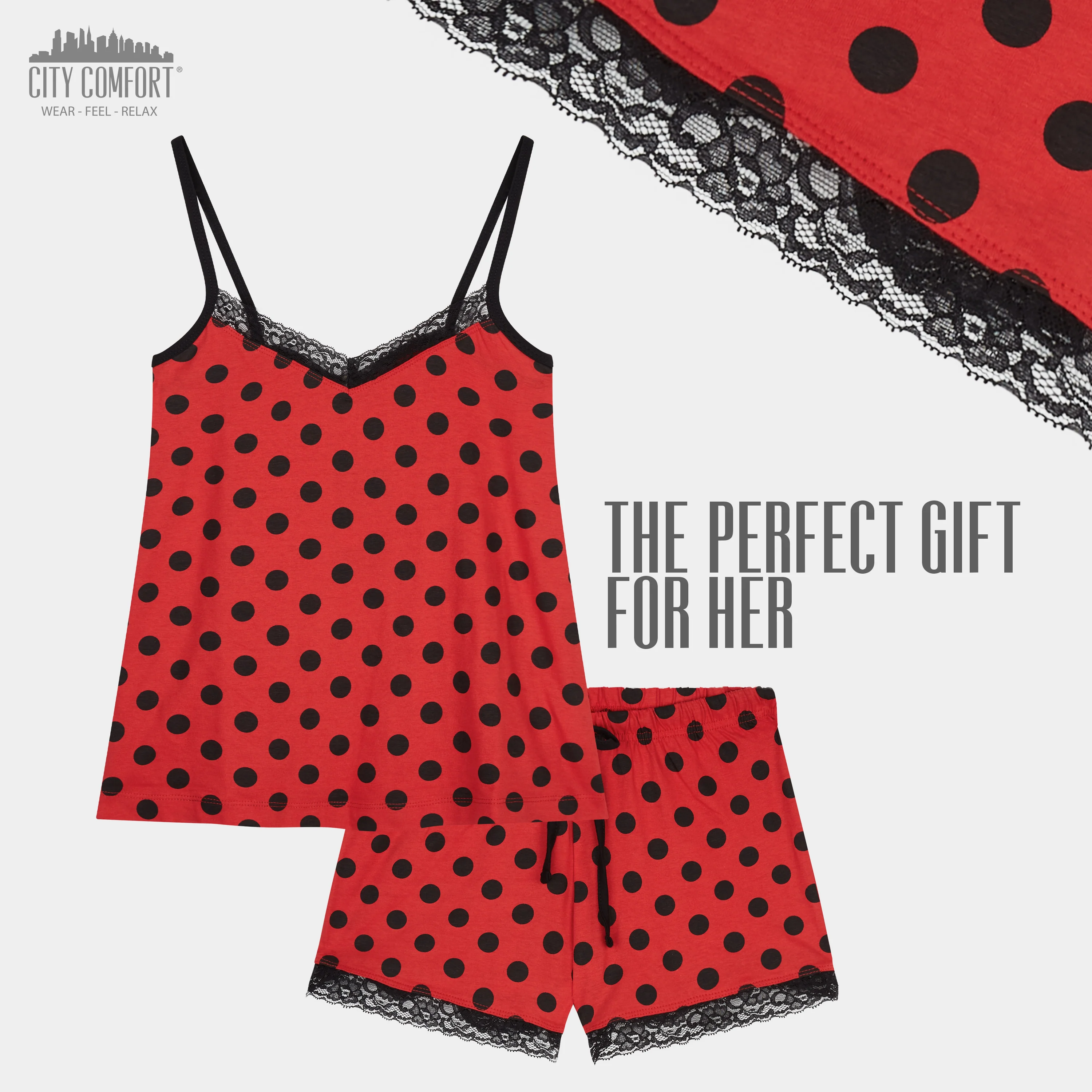 CityComfort Ladies Pyjamas, Women’s 2 Piece Nightwear, RED SPOTS Pjs Set - Image 2