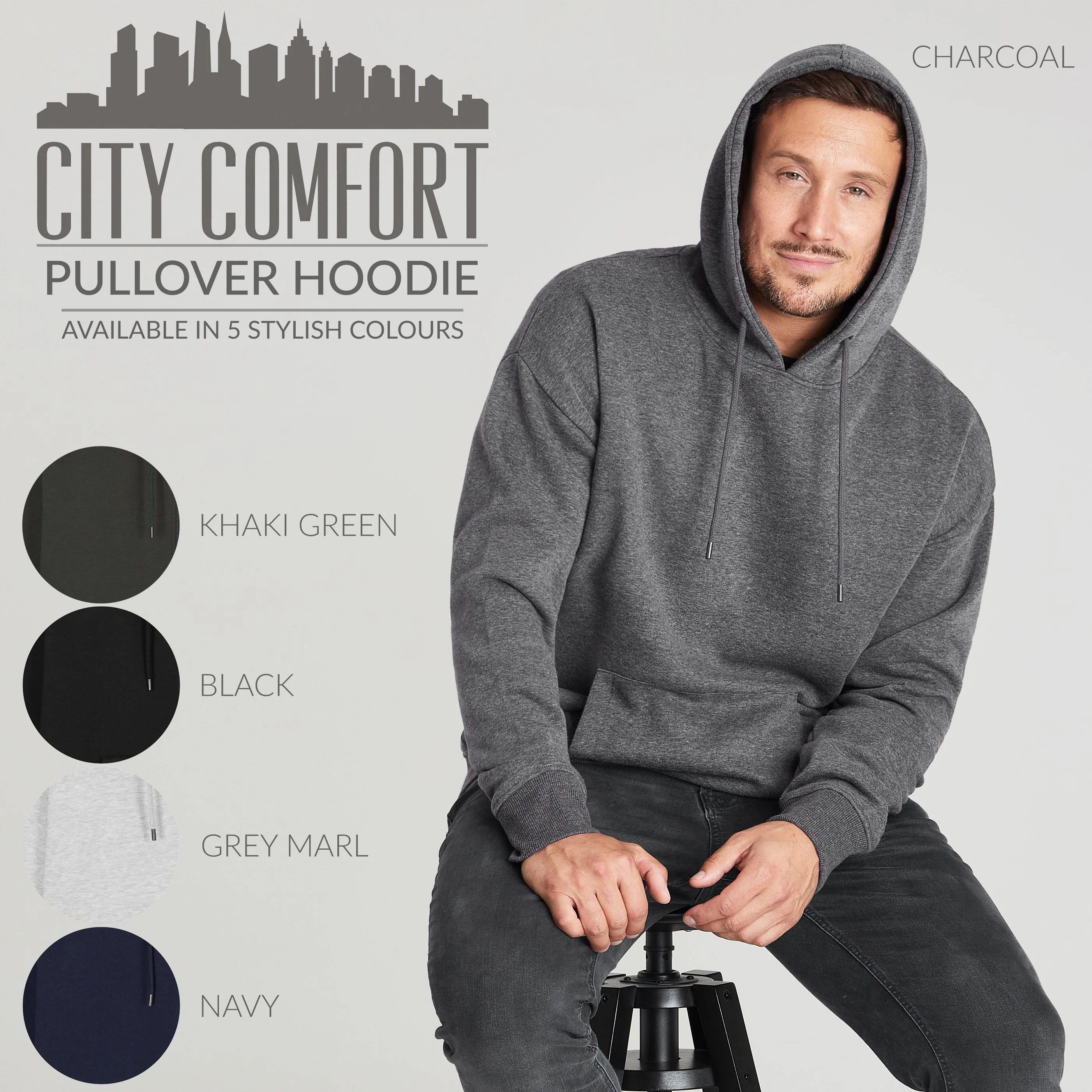 CityComfort Mens Hoodie, CHARCOAL Plain Pullover Hooded Sweatshirts - Image 2
