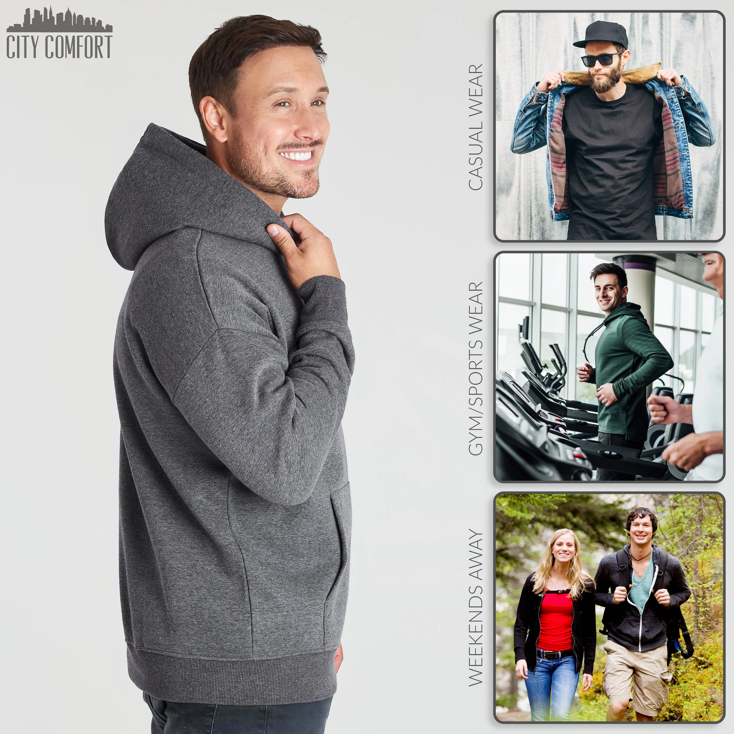CityComfort Mens Hoodie, CHARCOAL Plain Pullover Hooded Sweatshirts - Image 3