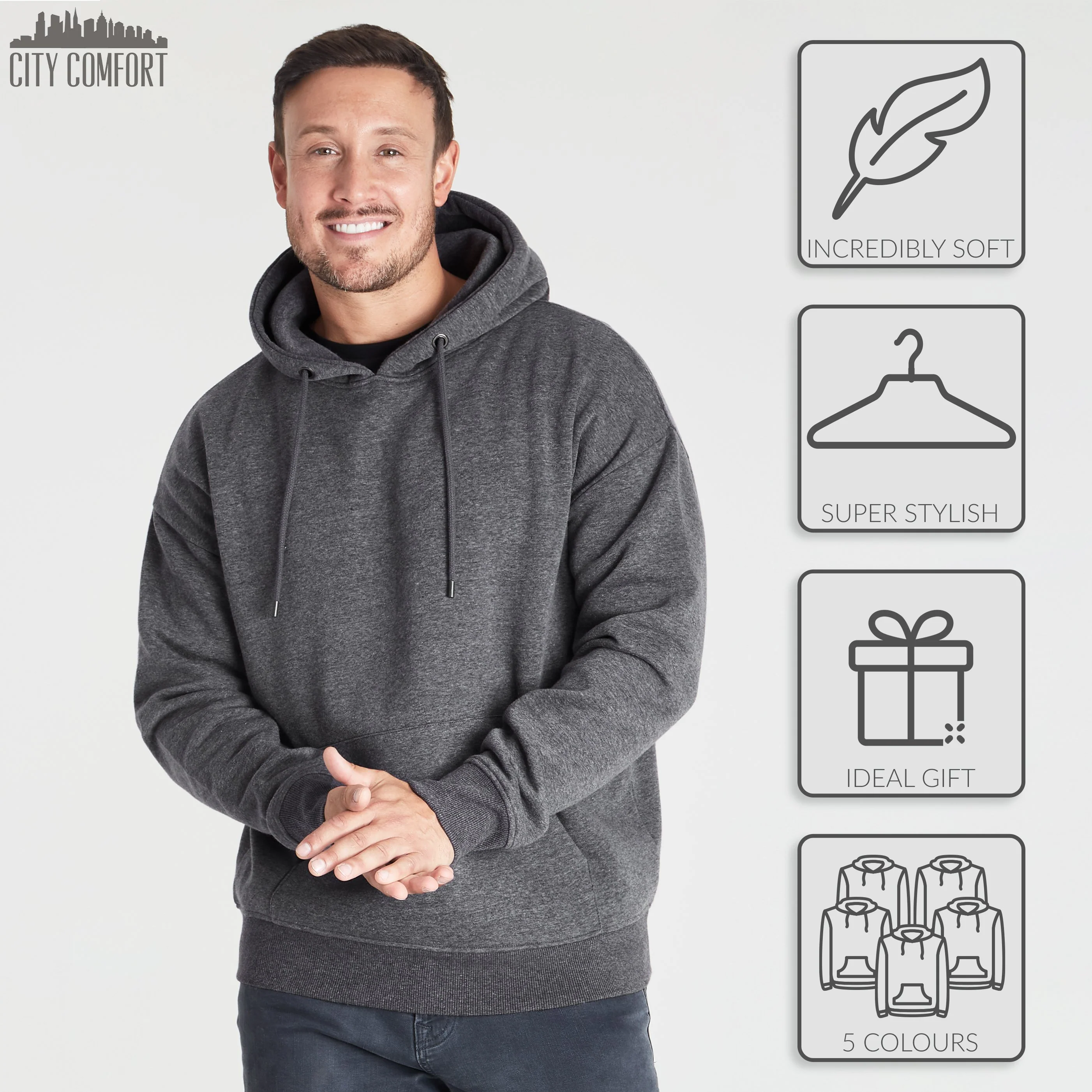 CityComfort Mens Hoodie, CHARCOAL Plain Pullover Hooded Sweatshirts - Image 5