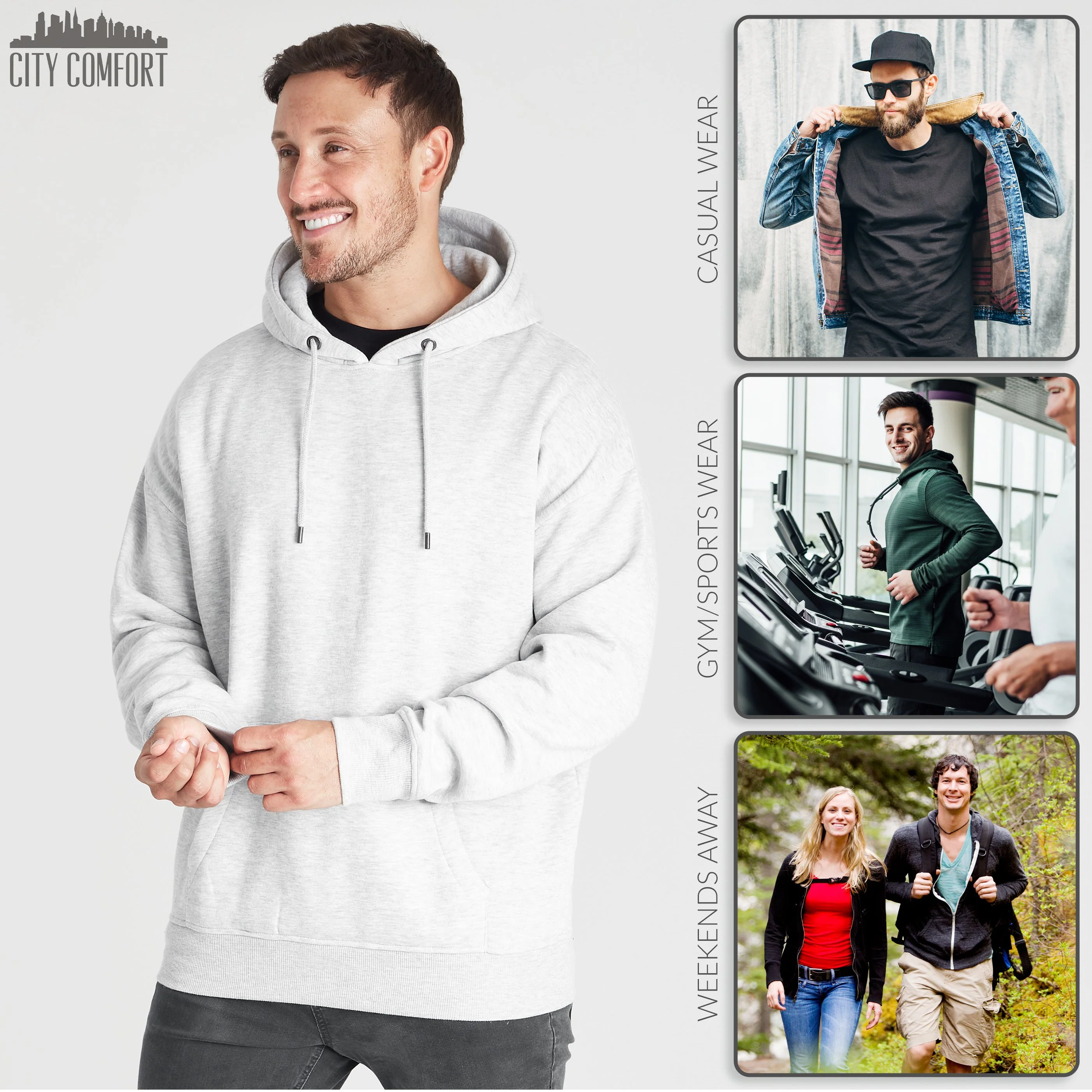 CityComfort Mens Hoodie, GREY MARL Plain Pullover Hooded Sweatshirts - Image 2