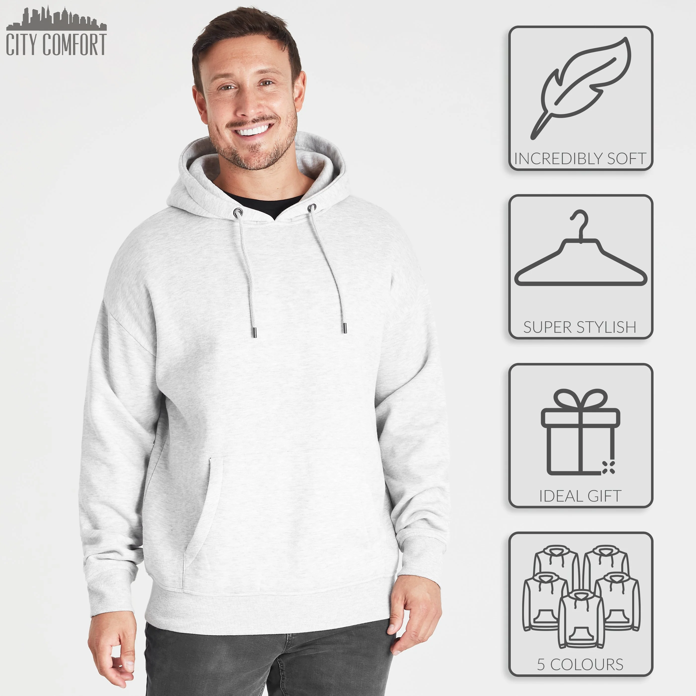 CityComfort Mens Hoodie, GREY MARL Plain Pullover Hooded Sweatshirts - Image 4