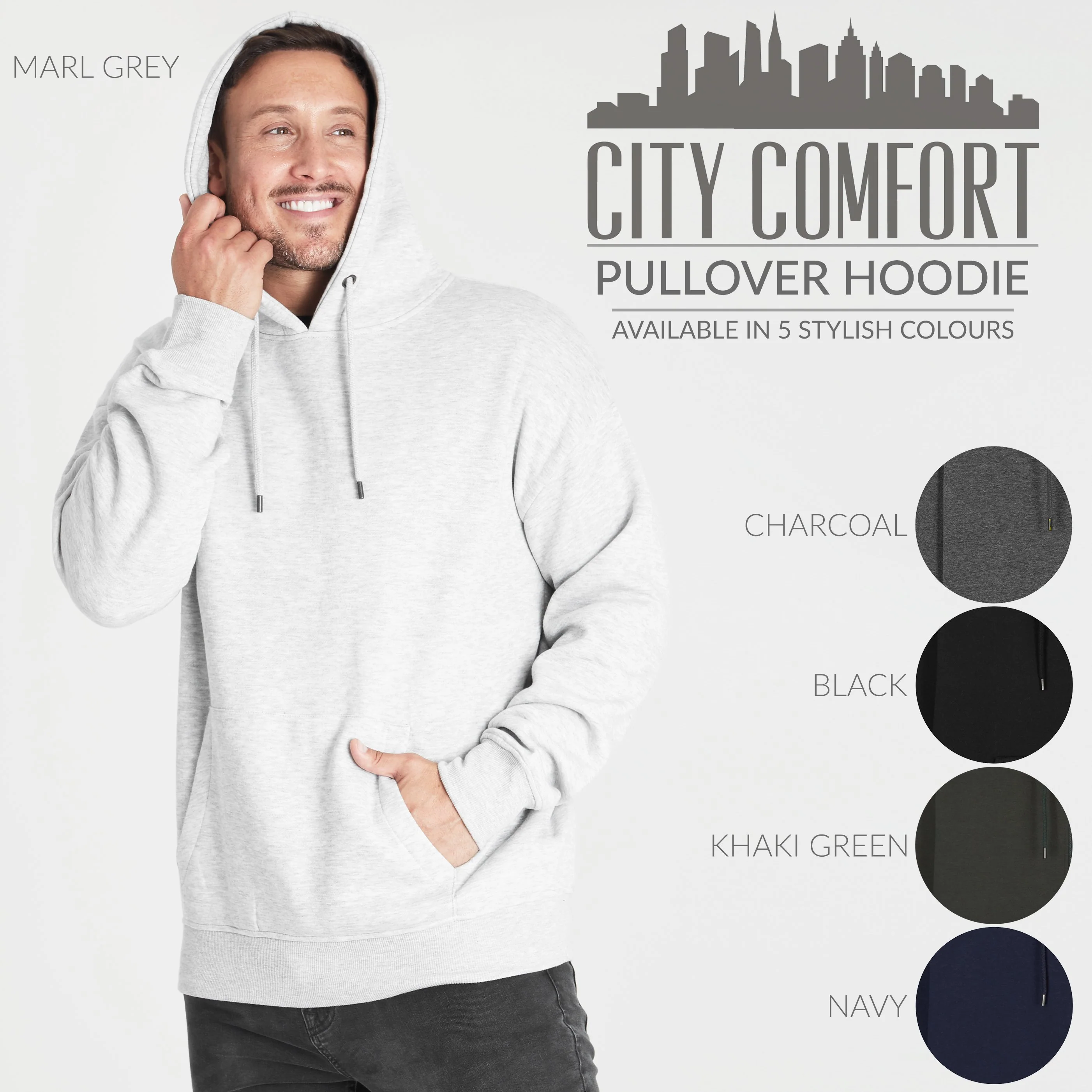 CityComfort Mens Hoodie, GREY MARL Plain Pullover Hooded Sweatshirts - Image 5