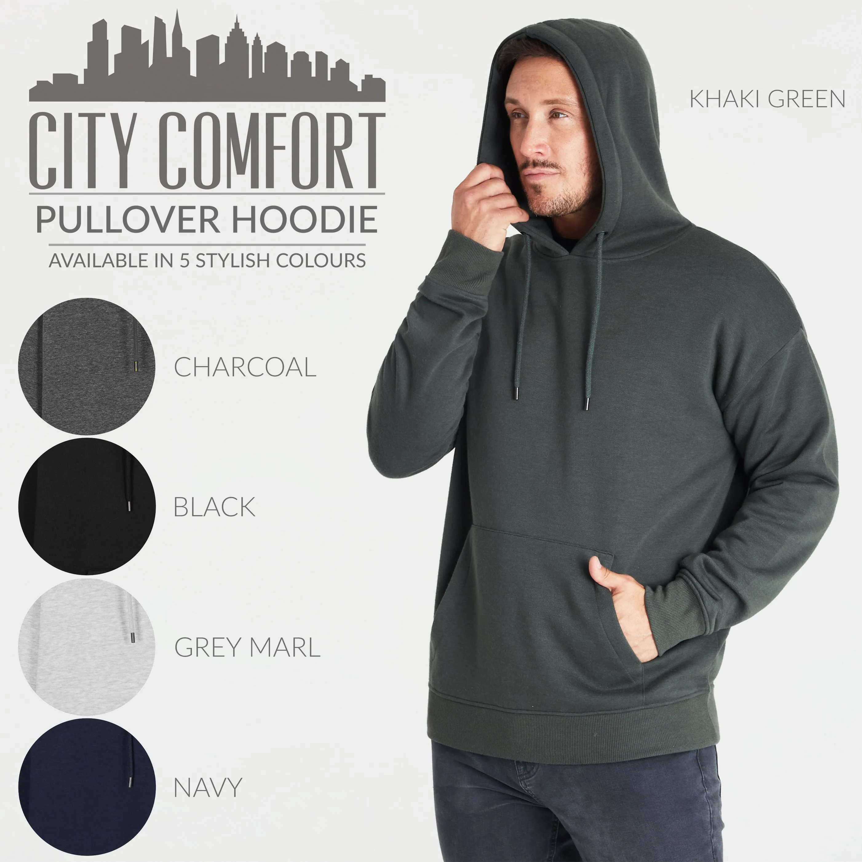 CityComfort Mens Hoodie, KHAKI Plain Pullover Hooded Sweatshirts - Image 2