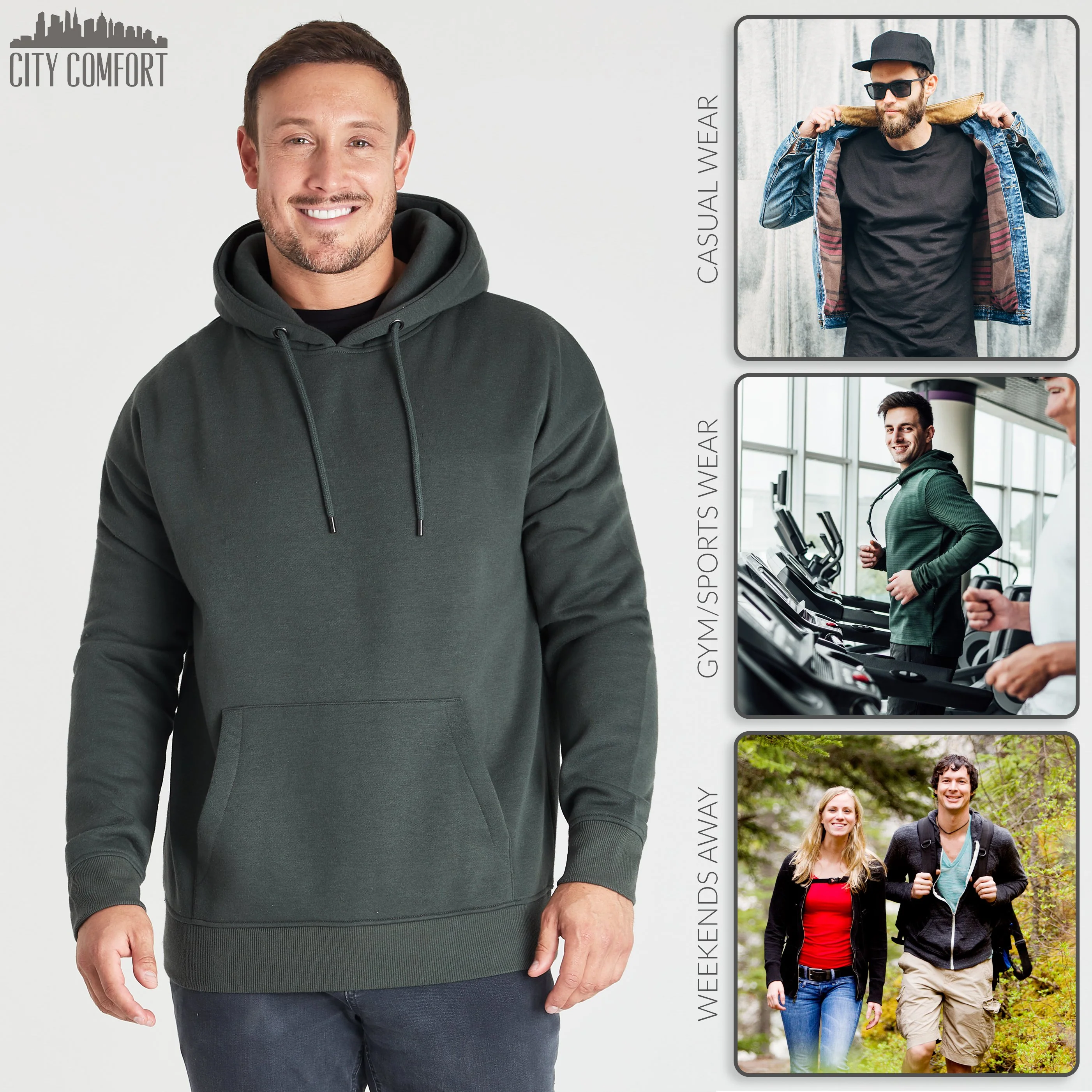 CityComfort Mens Hoodie, KHAKI Plain Pullover Hooded Sweatshirts - Image 3