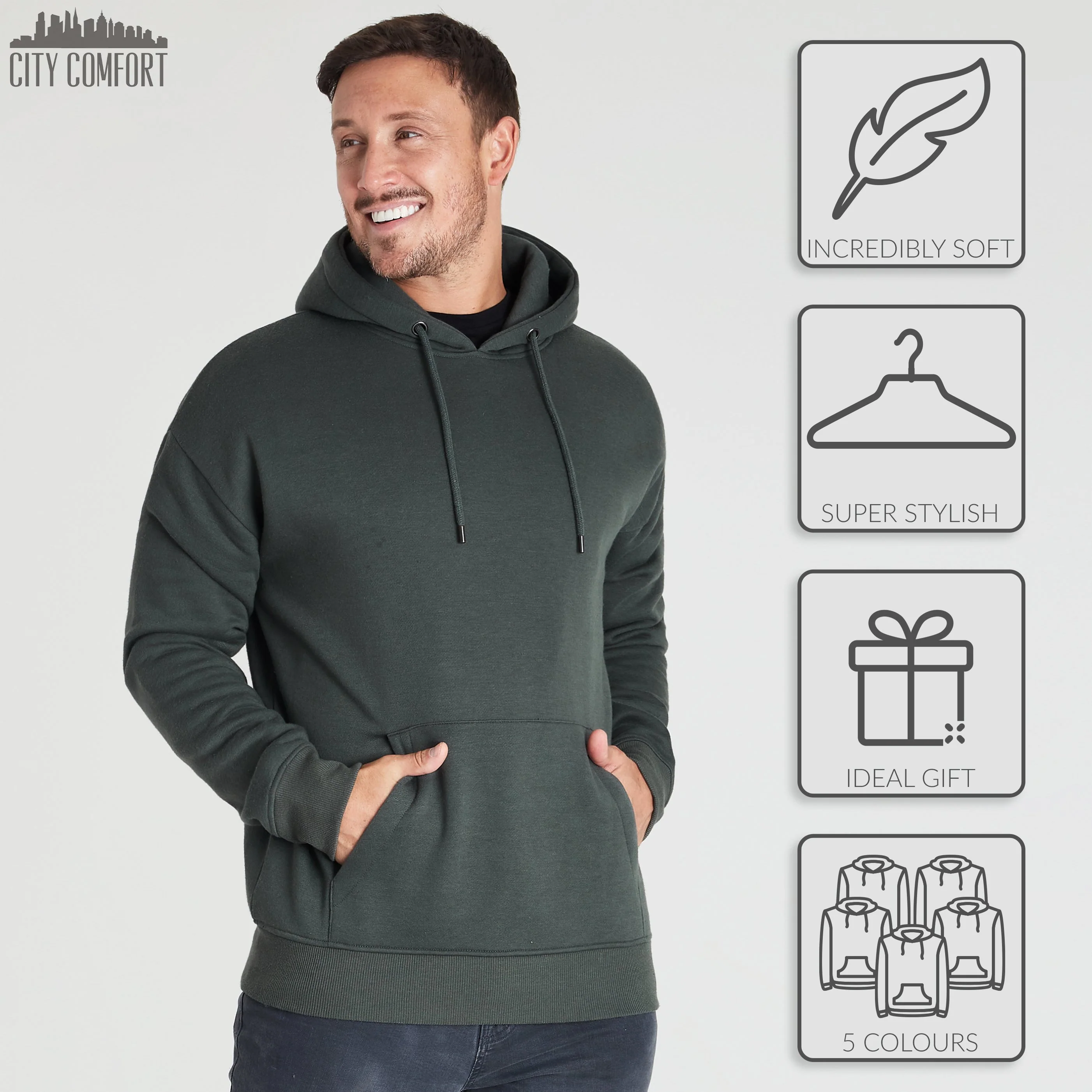 CityComfort Mens Hoodie, KHAKI Plain Pullover Hooded Sweatshirts - Image 5