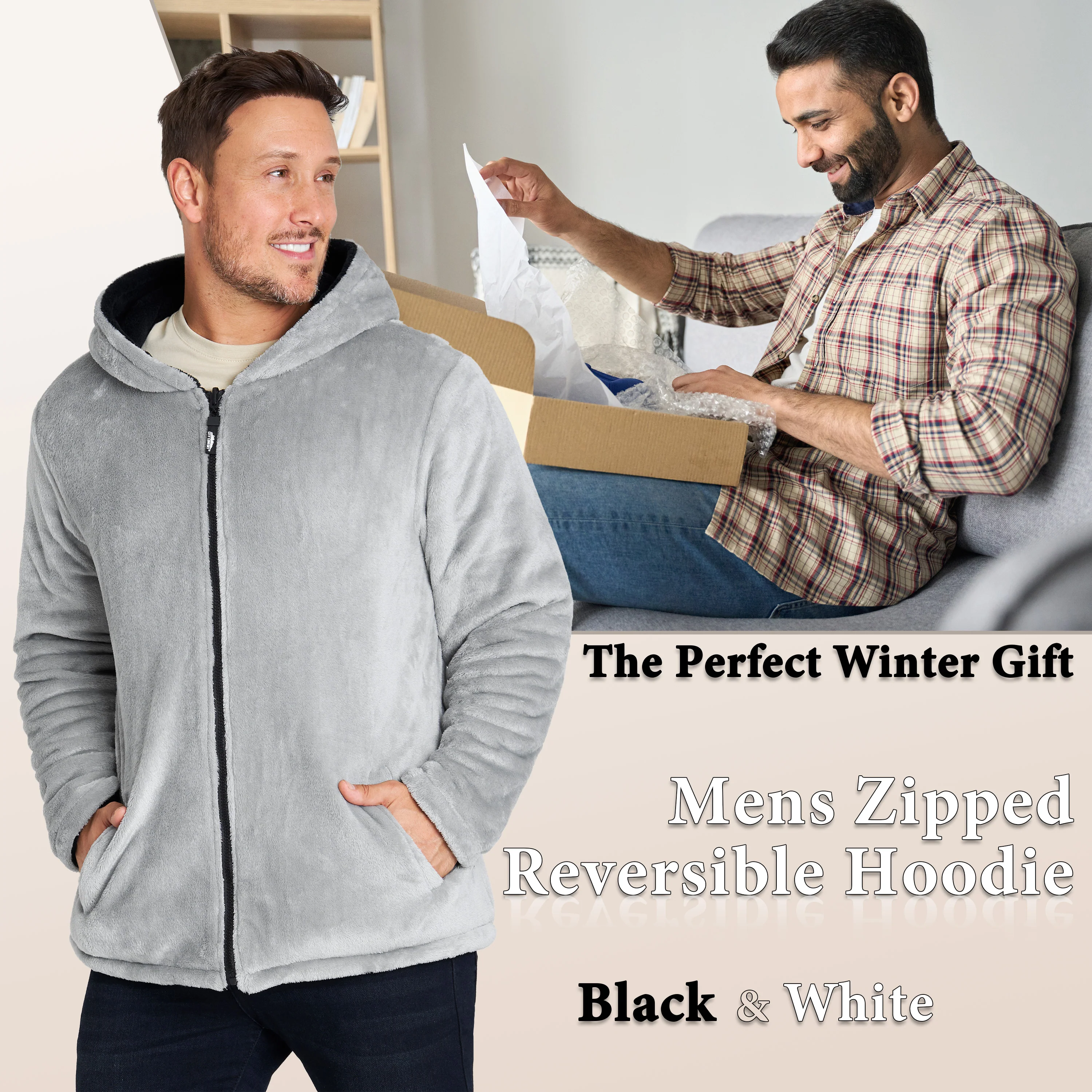 CityComfort Mens Hoodies, Full-Zip Warm Fluffy Hoodie, Reversible Mens Fleece Jacket - Image 10