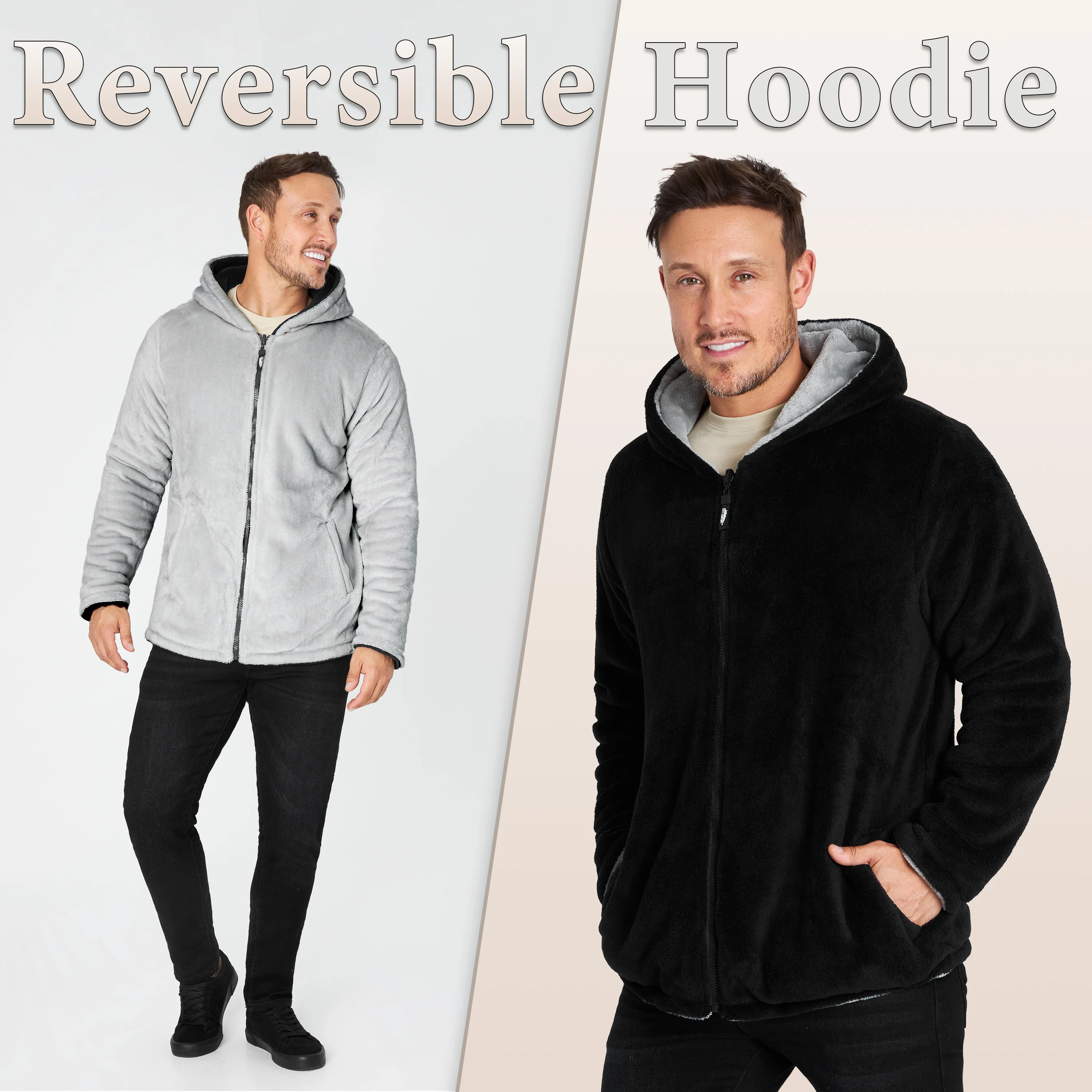 CityComfort Mens Hoodies, Full-Zip Warm Fluffy Hoodie, Reversible Mens Fleece Jacket - Image 12