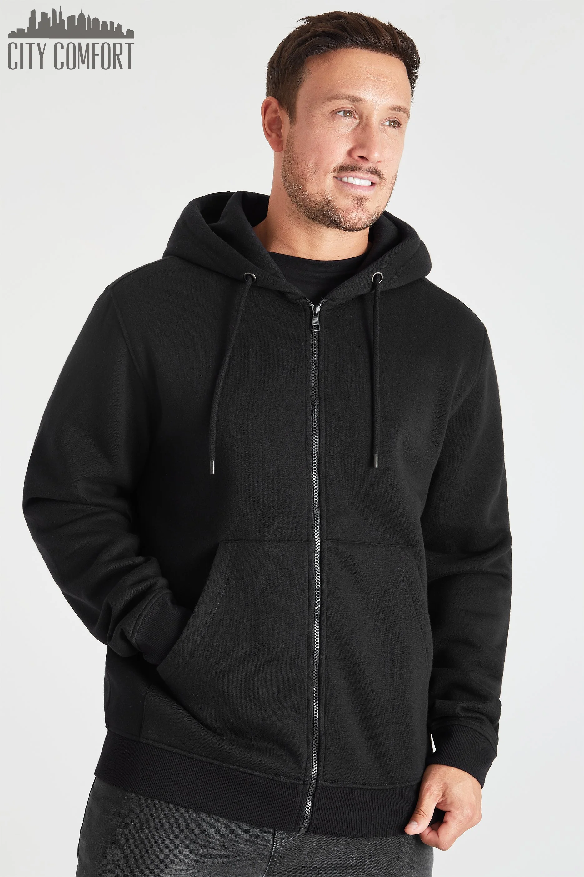 CityComfort Mens Plain Zip Up Hoodie, BLACK Hooded Sweatshirt Zipped Jumper - Image 3