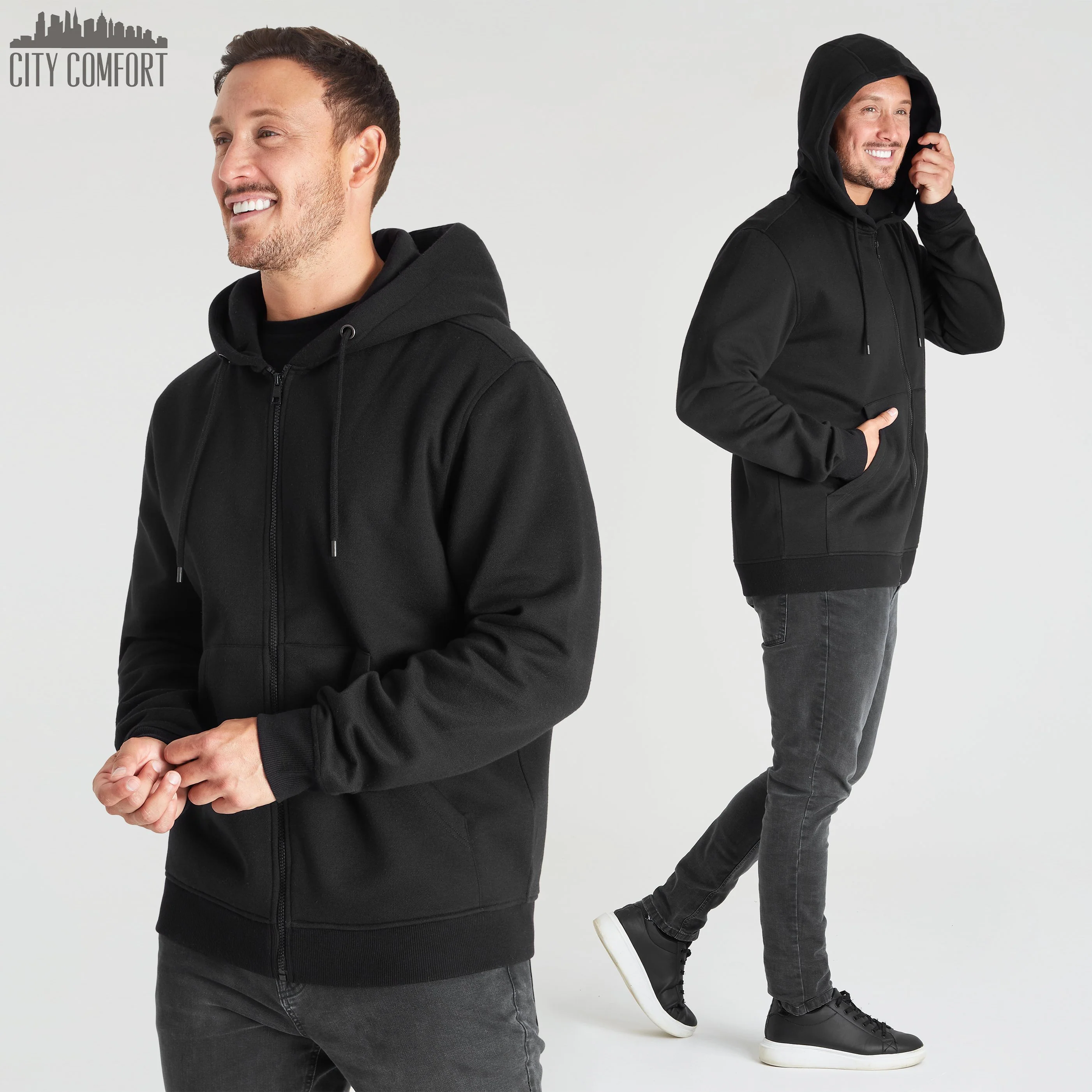 CityComfort Mens Plain Zip Up Hoodie, BLACK Hooded Sweatshirt Zipped Jumper - Image 5