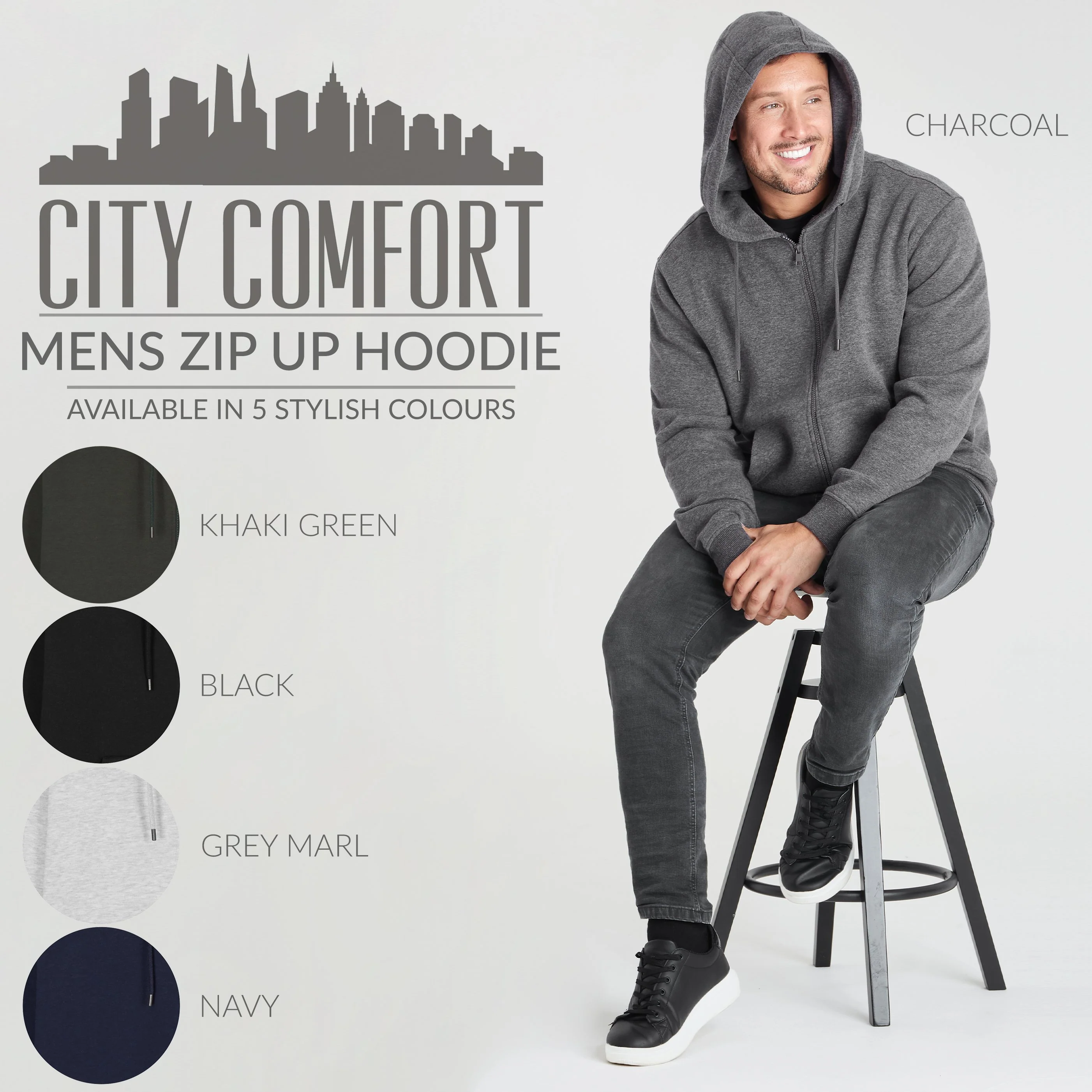 CityComfort Mens Plain Zip Up Hoodie, CHARCOAL Hooded Sweatshirt Zipped Jumper - Image 2