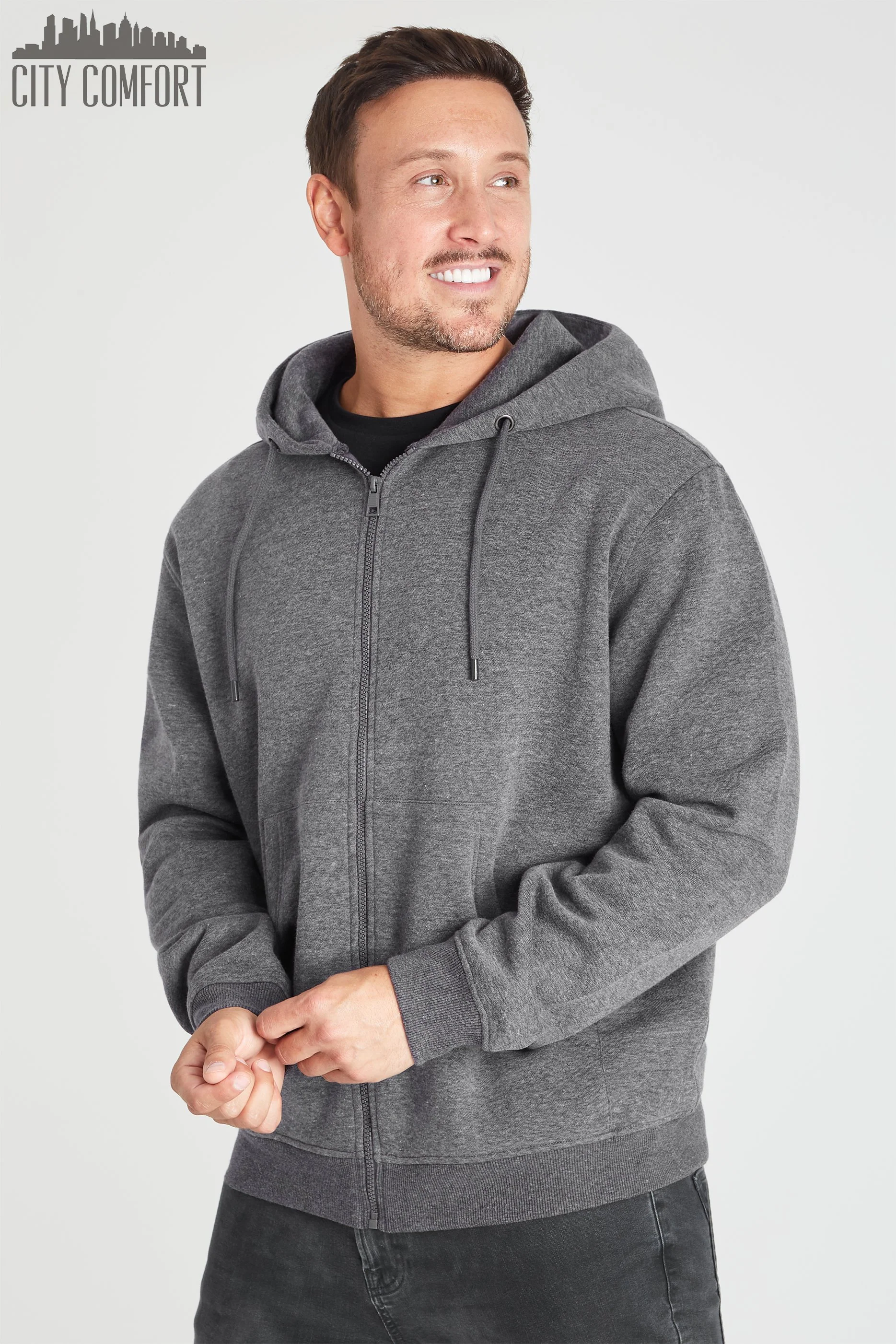 CityComfort Mens Plain Zip Up Hoodie, CHARCOAL Hooded Sweatshirt Zipped Jumper - Image 3