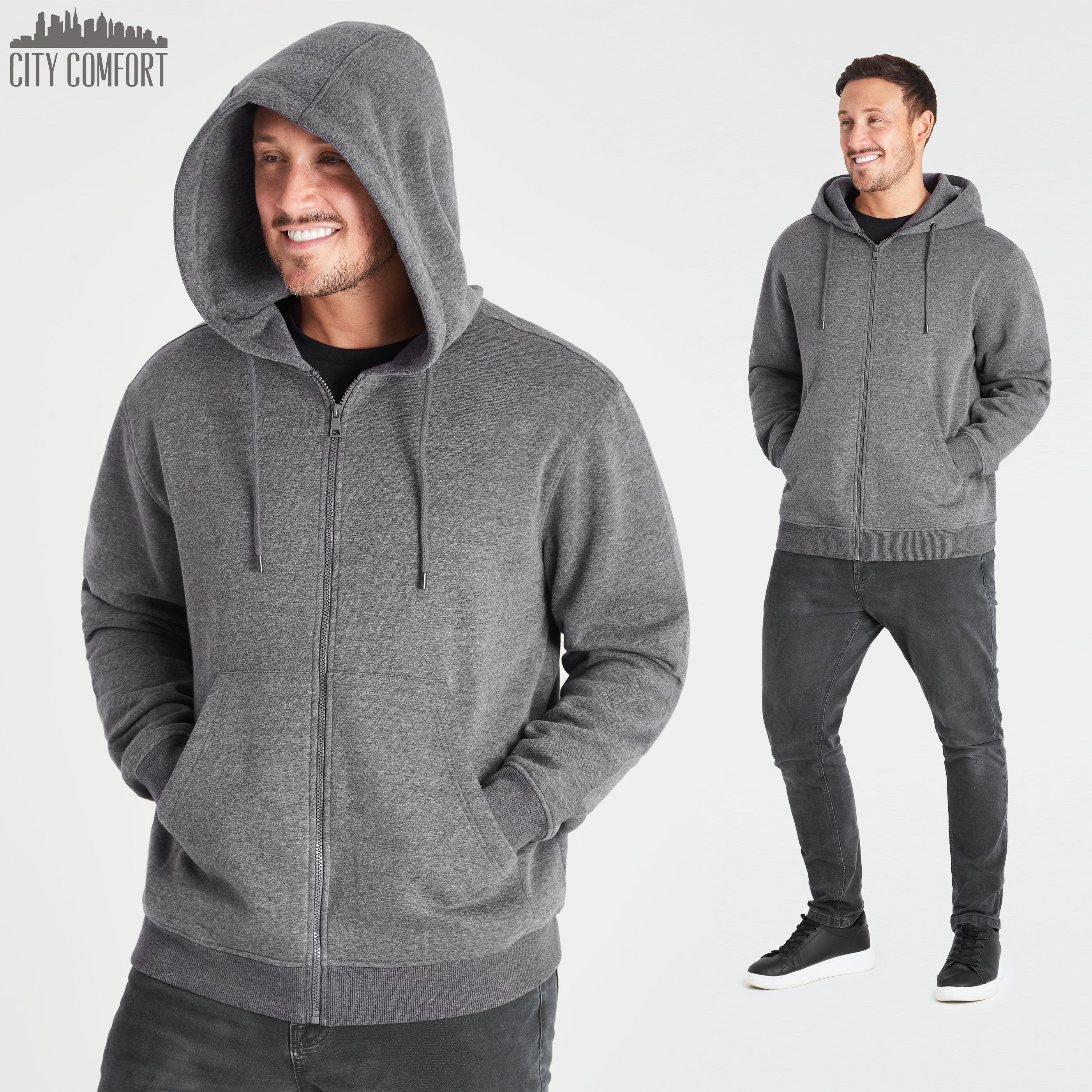 CityComfort Mens Plain Zip Up Hoodie, CHARCOAL Hooded Sweatshirt Zipped Jumper - Image 5