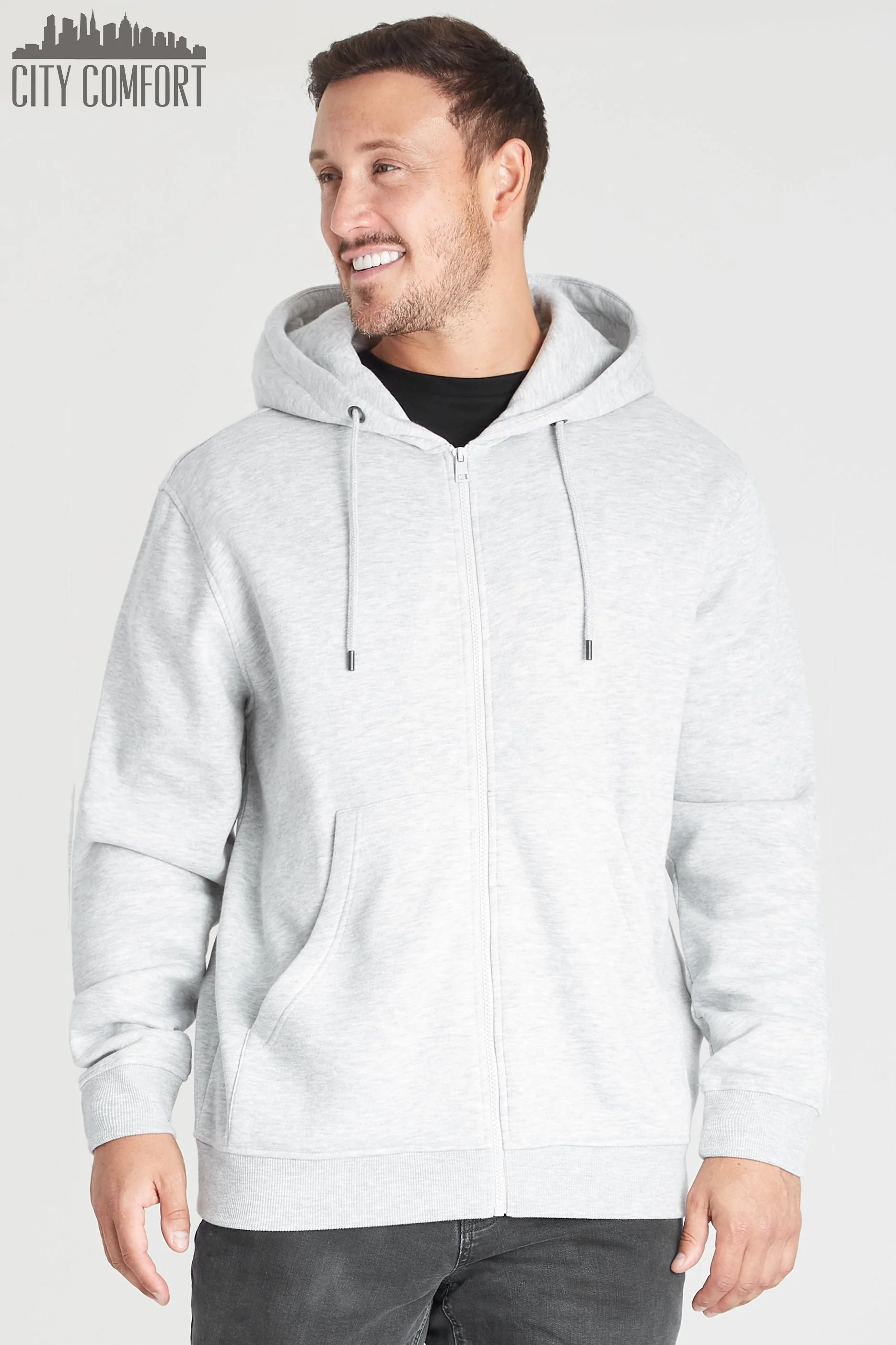 CityComfort Mens Plain Zip Up Hoodie, GREY MARL Hooded Sweatshirt Zipped Jumper - Image 3