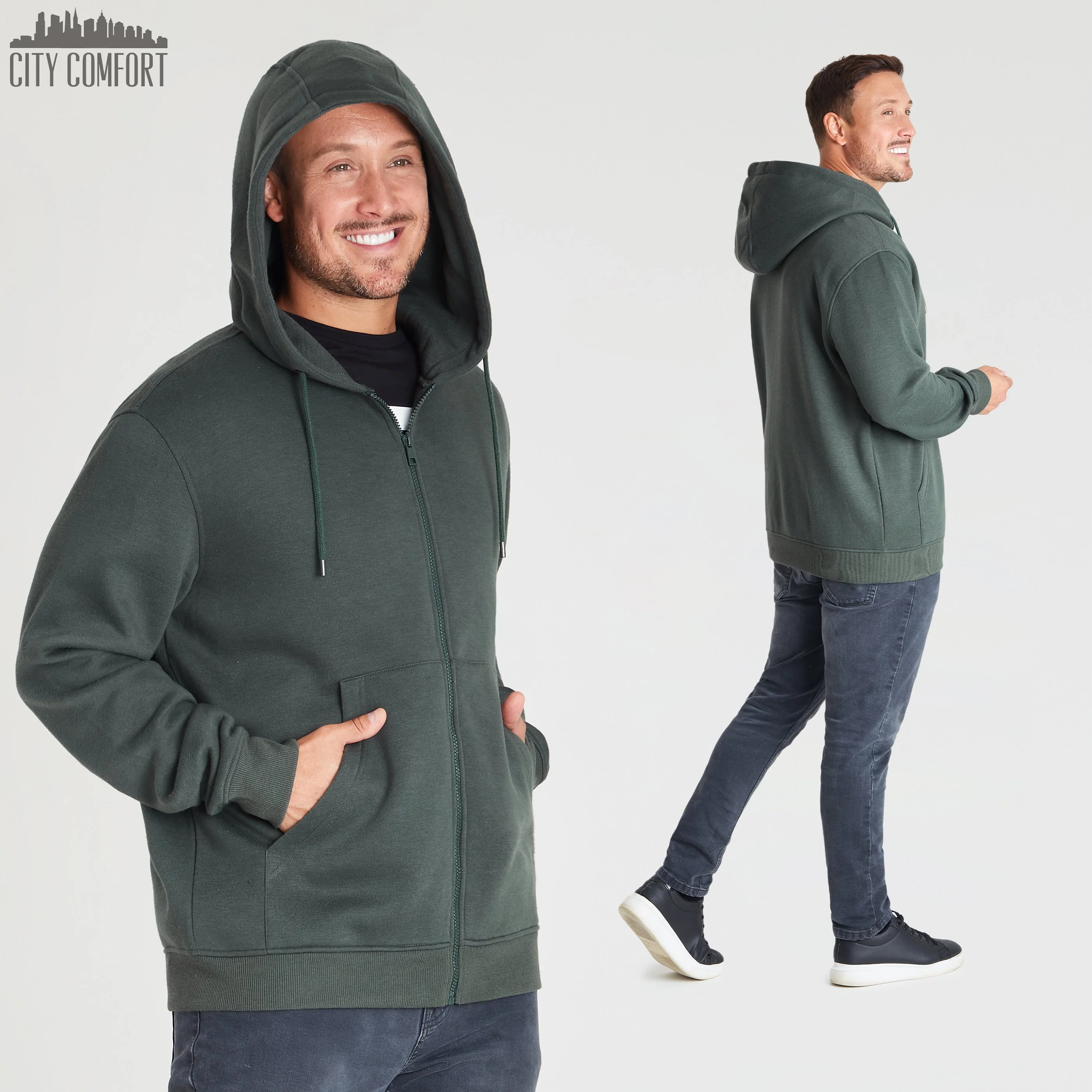 CityComfort Mens Plain Zip Up Hoodie, KHAKI Hooded Sweatshirt Zipped Jumper - Image 5