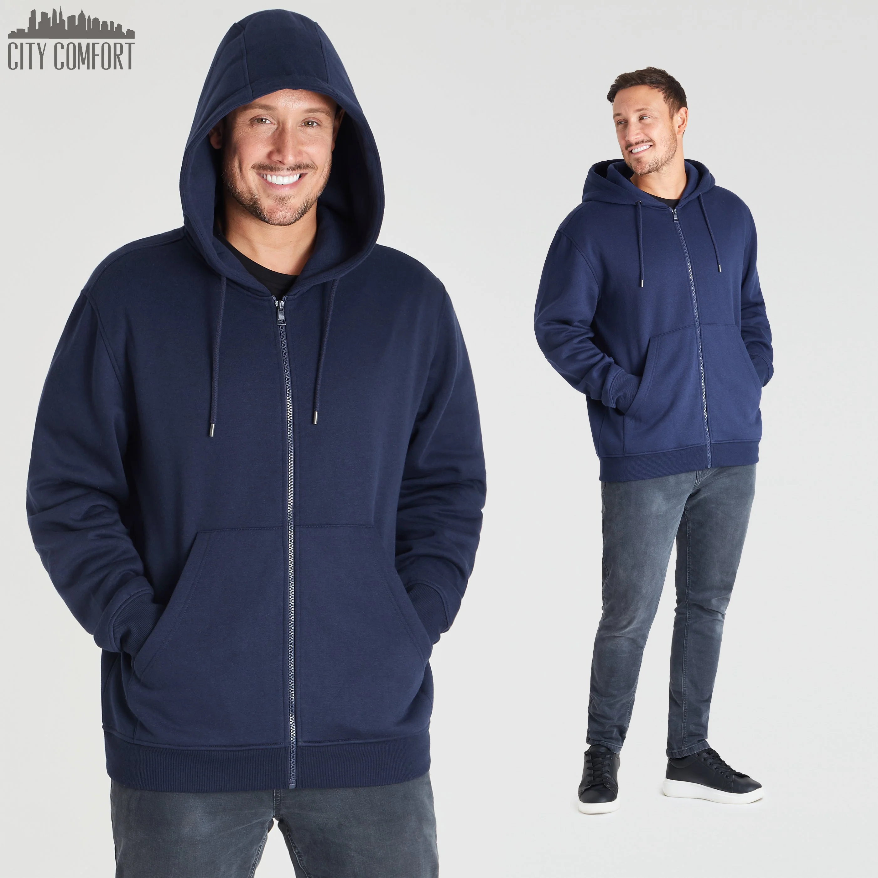 CityComfort Mens Plain Zip Up Hoodie, NAVY Hooded Sweatshirt Zipped Jumper - Image 5