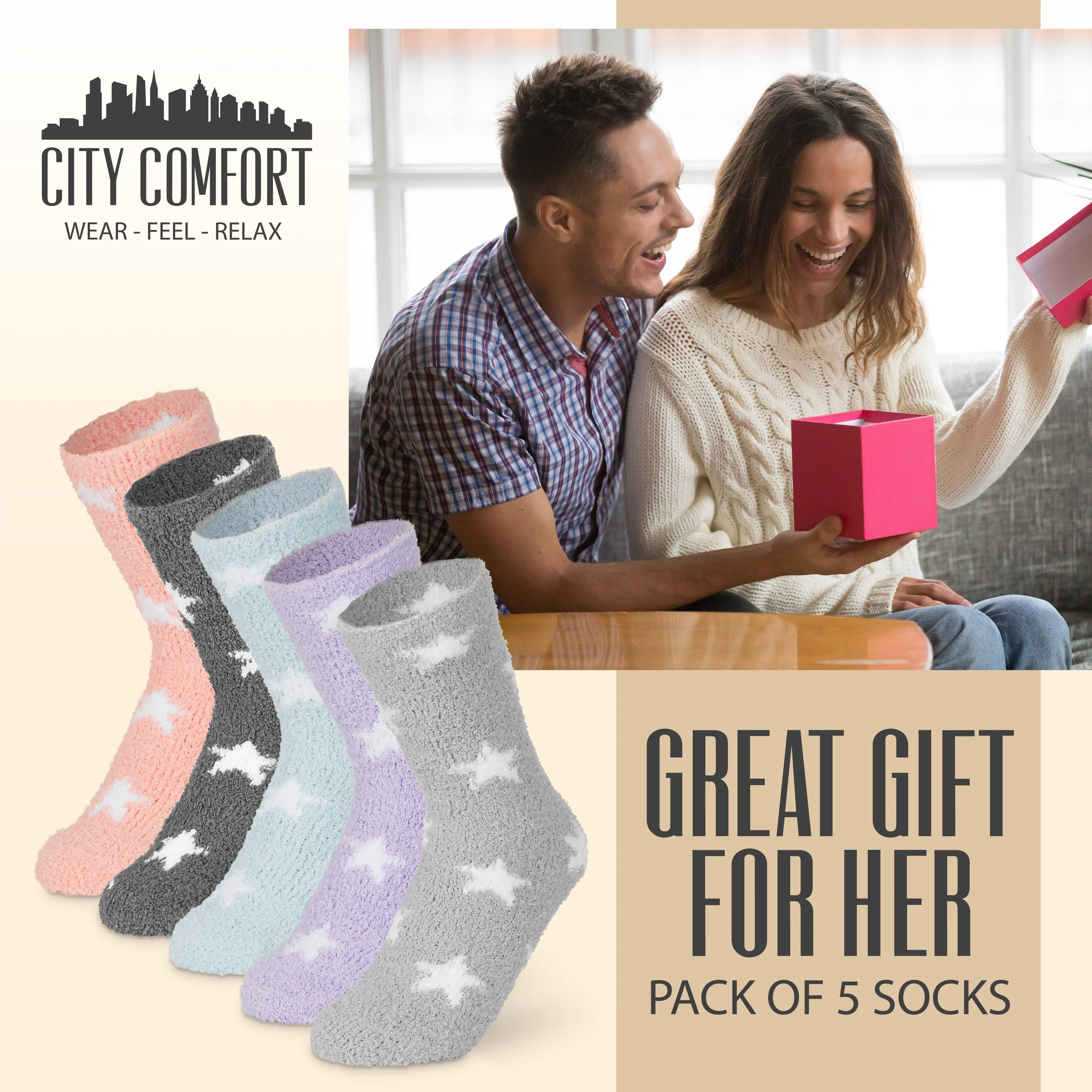CityComfort Multi Star Fluffy Socks, Women Warm Slipper Socks 5-Pack, Winter Gifts For Her - Image 2