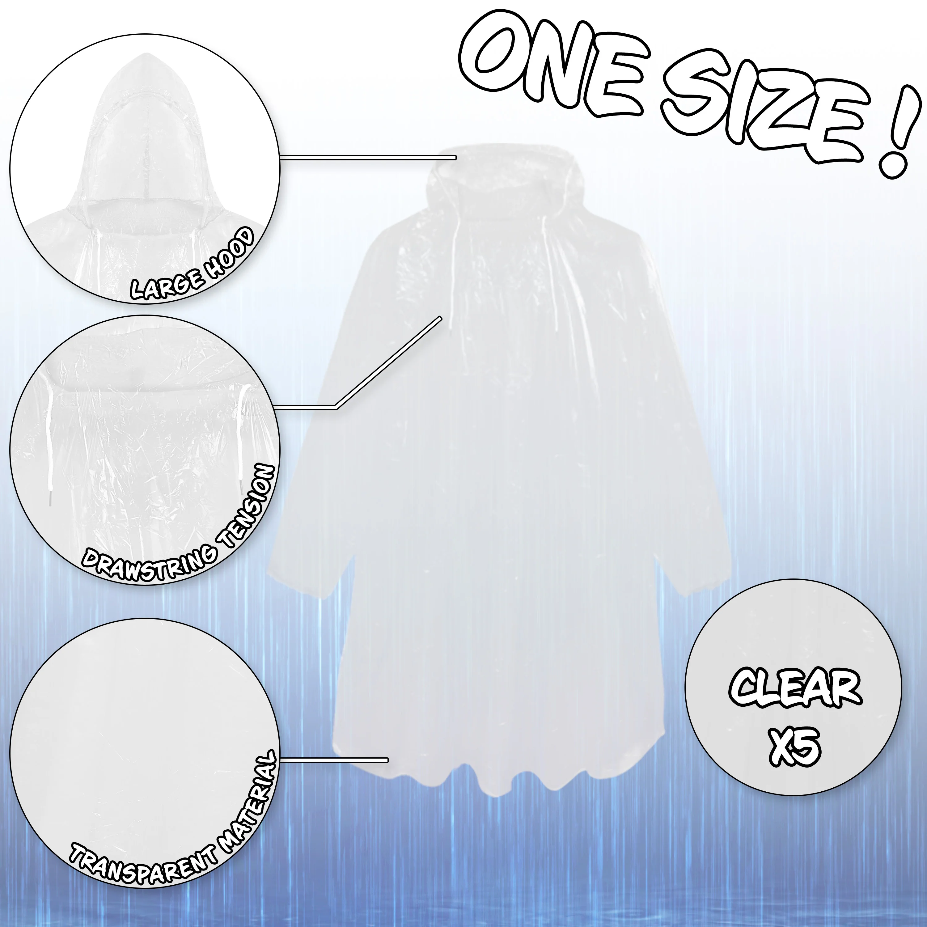 CityComfort Rain Poncho for Boys Teens Disposable Transparent Waterproof Ponchos Multipack for Festival Theme Park Emergency Raincoats - Image 3