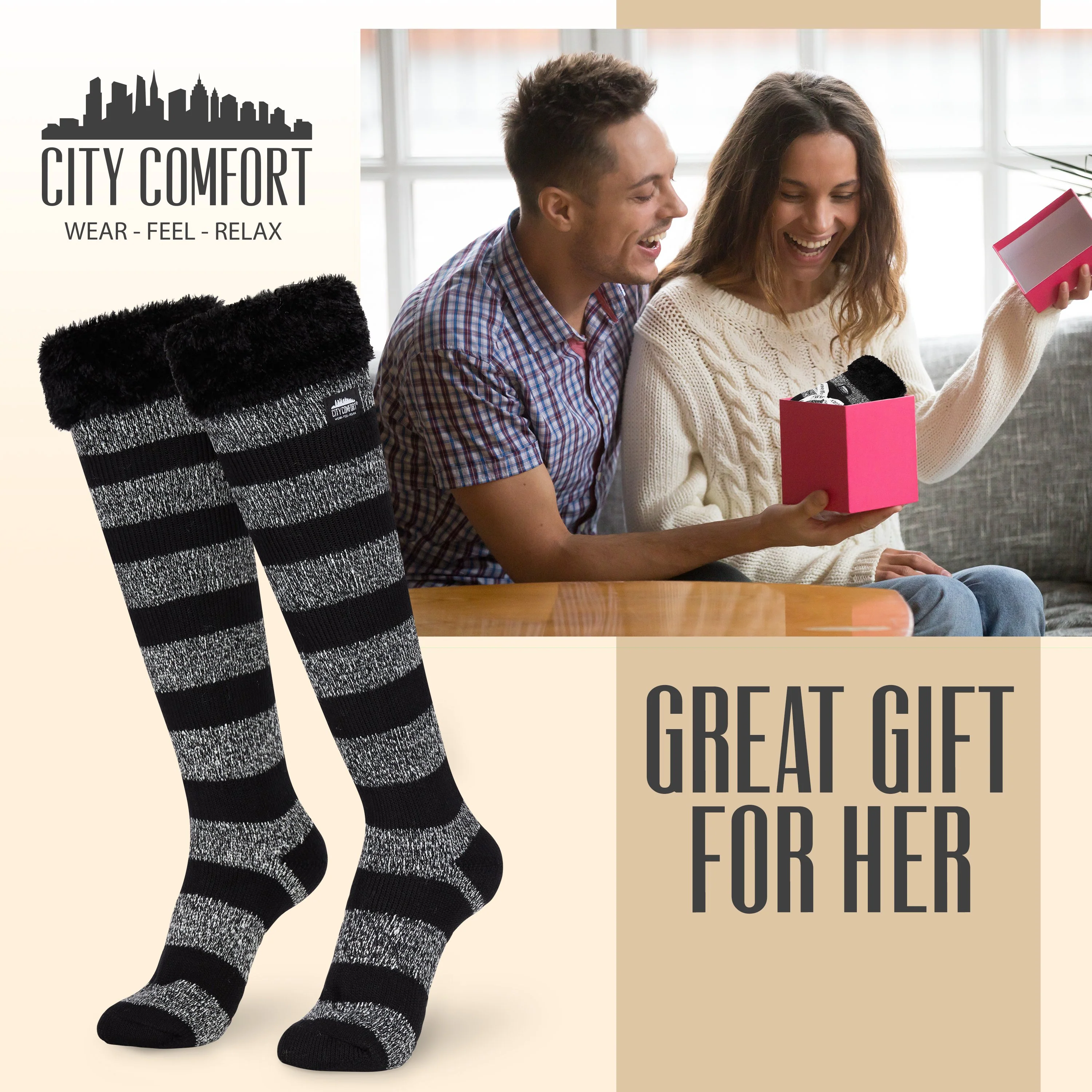 CityComfort Slipper Socks for Women, Knee High Socks Non Slip, Long Fluffy Socks - Image 27