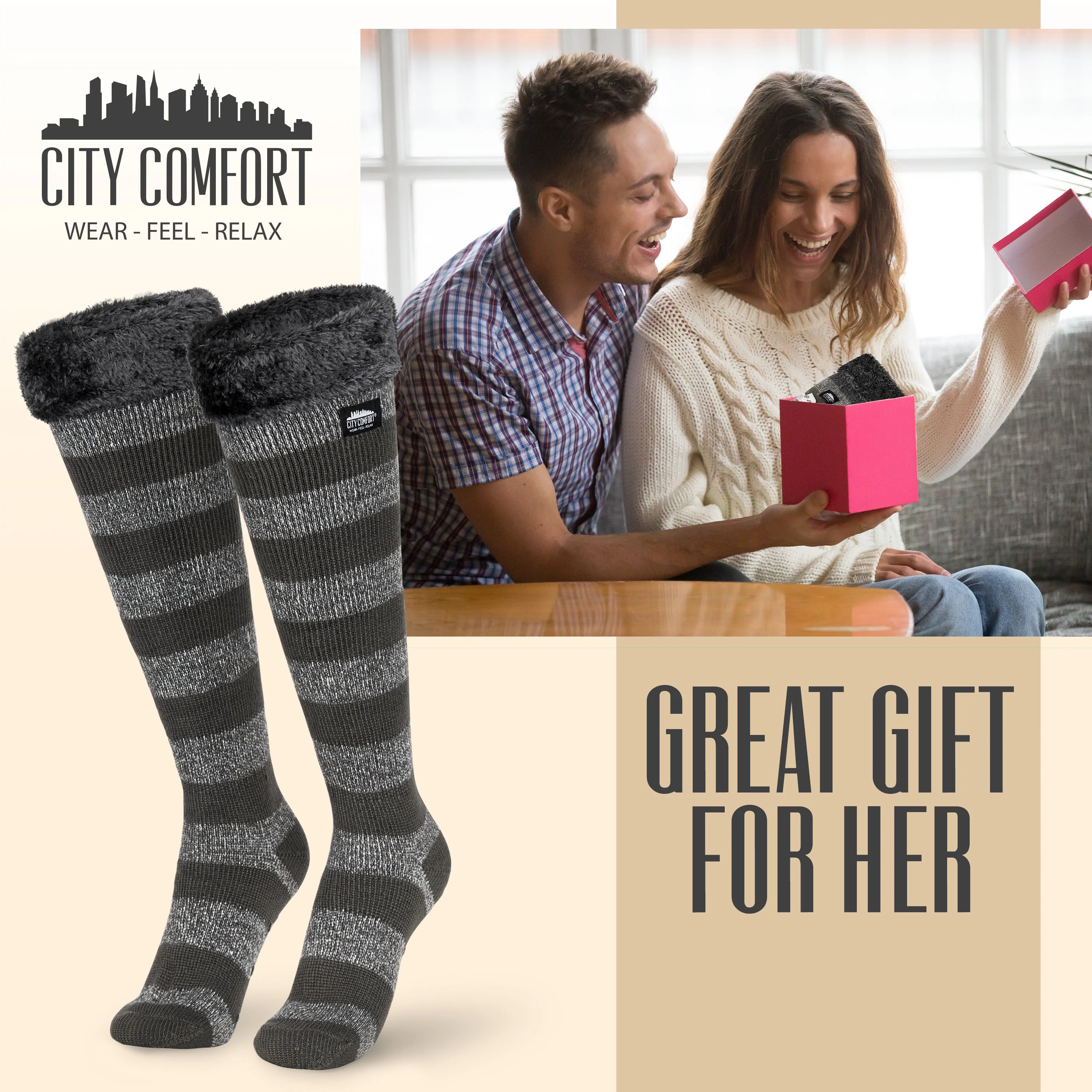 CityComfort Slipper Socks for Women, Knee High Socks Non Slip, Long Fluffy Socks - Image 33