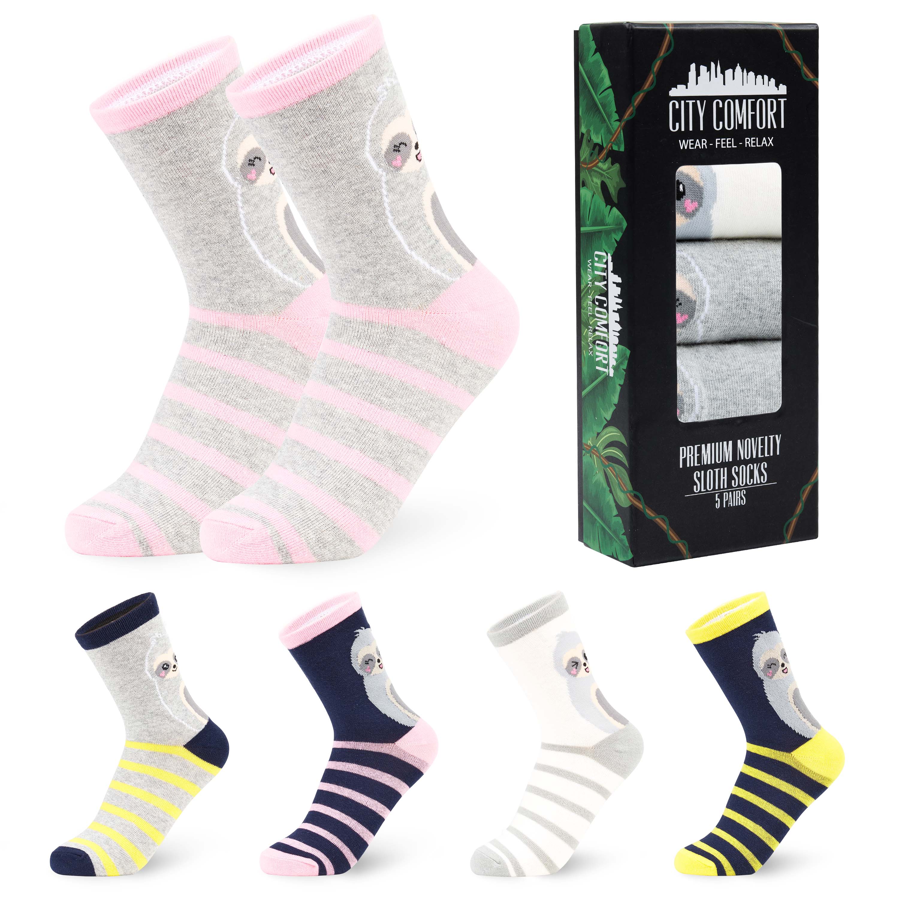 CityComfort Sloth Womens Socks, 5 Pairs Ladies Funny Socks, Sloth Gifts for Women